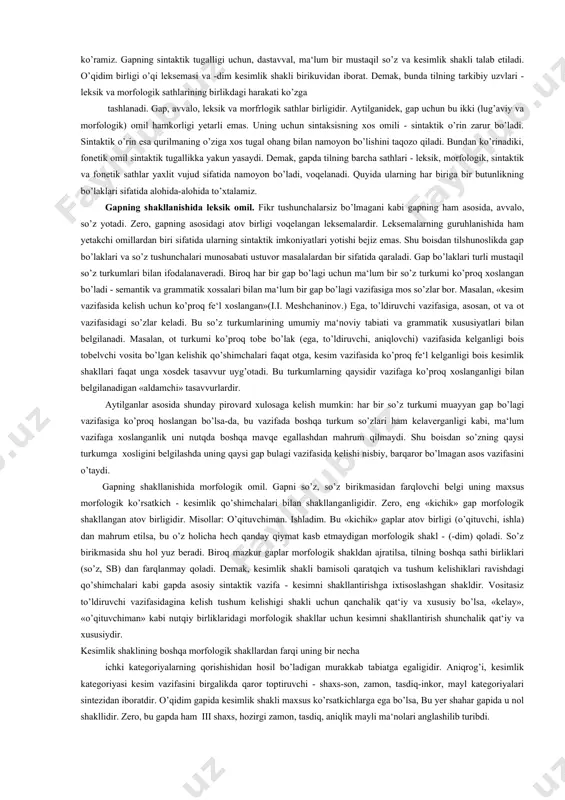 holdadir, ya‘ni lug’aviy birlik kesimlik shaklida bo’lishining o’zi uni gap sifatida qarashga asos bo’la olmaydi. masalan, aytdim deganing nimasi? gapidagi aytdim so’z shakli kesimlik ko’rsatkichlari bilan shakllangan atov birligidir. lekin u kesimlik o’rni bilan ta‘mnlanmaganligi bois ushbu qurshovda gap maqomiga ega emas. kesimlik shaklidagi so’z gap bo’lishi uchun kesimlik maqomiga ega bo’lishi kerak. sintaktik tugallanganlik kesimlik shakli va o’rni bilan belgilanar ekan, bunda tilning yaxlit vujudligi yana bir karra yaqqol namoyon bo’ladi. til sathlardan iborat. til yahlit vujud ekan, bu sathlar gapning asosiy vazifasi bo’lgan axborot uzatish va qabul qilish jarayonida butunlik sifatida ishtirk etish lozim. buni biz gapda ko’ramiz. gapning sintaktik tugalligi uchun, dastavval, ma‘lum bir mustaqil so’z va kesimlik shakli talab etiladi. o’qidim birligi o’qi leksemasi va -dim kesimlik shakli birikuvidan iborat. demak, bunda tilning tarkibiy uzvlari - leksik va morfologik sathlarining birlikdagi harakati ko’zga tashlanadi. gap, avvalo, leksik va morfrlogik sathlar birligidir. aytilganidek, gap uchun bu ikki …