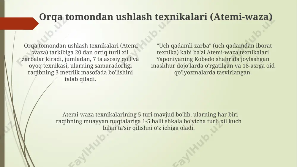 ishni samaradorligini oshirish uchun, raqamli va harfli kodlar yordamida, masalan, ippon-seoi-nage (108-kod) kabi, aniq belgilangan. nage-waza (otish texnikalari), katame-waza (ushlash texnikalari) va atemi-waza (zarba texnikalari) kabi uchta asosiy guruhga bo'linadi, har bir guruh 10 dan ortiq turli kinjitsu texnikalarini o'z ichiga oladi. judoning 78 ta asosiy texnikasi, gojo-ryu, kito-ryu kabi turli maktablarning o'ziga xos uslublari bilan birga, kodokan tomonidan tasniflangan va 20-asr boshlarida yaponiyaning tokio shahrida tizimlashtirilgan. himoya texnikalarini o'rganish himoya texnikalarini o'rganishda, 20 dan ortiq turdagi usullar, shu jumladan, tepalik tashlash (ushi-guruma) va oyoq ushlab tashlash (ashi-waza) kabi 7 ta asosiy guruhga bo'lingan texnikalar, toshkent shahridagi “yoshlik” sport majmuasida o'rganiladi. himoya texnikalari, 3 ta asosiy bosqichda, ya’ni, 1-bosqich – himoya pozitsiyasini egallash, 2-bosqich – hujumchini zararsizlantirish, 3-bosqich – hujumga o'tish, samarqanddagi judo maktablarida batafsil o'rgatiladi. kuzatuvlar shuni ko'rsatdiki, 5 yillik tajribasi bo'lgan judochi himoya texnikalarini o'zlashtirishda o'rtacha 15 ta turli vaziyatlarda muvaffaqiyatli qo'llay oladi, shu jumladan, yerda va tik …