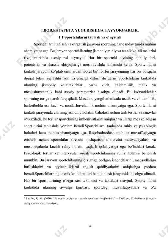 versiteti nashriyoti. ] o‘rgatish jarayonida trenerlar sportchilarning motivatsiyasini oshirishda muhim rol o‘ynaydi. trener sportchilarni rag‘batlantirish, ularga qo‘llab-quvvatlash va o‘z qobiliyatlarini oshirishga yordam berishi kerak. trenerlar sportchilarning individual ehtiyojlarini hisobga olib, ularga mos keladigan tayyorgarlik dasturlarini ishlab chiqishlari lozim. shuningdek, trenerlar sportchilarni o‘zlarining natijalarini baholash va o‘z-o‘zini rivojlantirishga undashlari zarur. tanlangan sportchilarni o‘rgatish jarayonida zamonaviy texnologiyalar va metodlardan foydalanish ham muhimdir. video tahlil, statistik kuzatish va boshqa zamonaviy vositalar sportchilarning tayyorgarlik jarayonini tahlil qilishda yordam beradi. bu vositalar yordamida sportchilar o‘zlarining kuchli va zaif tomonlarini aniqlashlari, shuningdek, o‘z qobiliyatlarini yaxshilash uchun konkret tavsiyalar olishlari mumkin. sportchilarni tanlash va o‘rgatish jarayoni davomida xavfsizlikni ta'minlash ham muhim ahamiyatga ega. sportchilar o‘zlarini himoya qilish va jarohatlardan saqlanish uchun zarur choralarni ko‘rishlari kerak. o‘qituvchilar va trenerlar sportchilarga xavfsiz muhitda o‘qish va mashq qilish imkoniyatini yaratishlari shart. to‘g‘ri uskunalardan foydalanish, texnikani to‘g‘ri bajarish va sog‘lom turmush tarzini saqlash xavfsizlikni ta'minlashda muhim rol o‘ynaydi. shu bilan birga, …