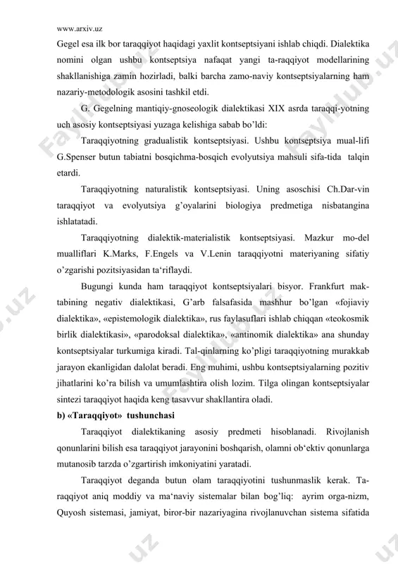 . rivojlanish qonunlarini bilish esa taraqqiyot jarayonini boshqarish, olamni ob‘ektiv qonunlarga mutanosib tarzda o’zgartirish imkoniyatini yaratadi. taraqqiyot deganda butun olam taraqqiyotini tushunmaslik kerak. ta-raqqiyot aniq moddiy va ma‘naviy sistemalar bilan bog’liq: ayrim orga-nizm, quyosh sistemasi, jamiyat, biror-bir nazariyagina rivojlanuvchan sistema sifatida tahlil qilinishi mumkin. konkret sistemalardan tashqa-rida taraqqiyot yo’q va bo’lishi ham mumkin emas. borliq taraqqiyoti haqida gapirganda undagi sistemalarning rivojlanishini, undagi imkoniyatlar-ning voqelikka aylanishi jarayonini nazarda tutamiz. hatto materiyaning biror bir shakli, metagalaktika rivojlanishi ham borliq taraqqiyoti deb atalishi mumkin emas, chunki, biz yuqorida amin bo’lganimizdek, ayrimlik bilan umumiylik o’rtasida jiddiy tafovut mavjud. ayni paytda yana bir fikrga e‘tibor bermoq zarur. taraqqiyot deganda bir sistemaning o’rnini boshqasi tomonidan egallashini tushunmaslik ke-rak. gap bir narsaning boshqa narsa bilan almashinuvi xususida emas, bir narsa miqyosidagi o’zgarishlar haqida bormoqda. taraqqiyot murakkab, serqirra, ko’p bosqichli jarayondir. uning uch xu-susiyati mavjud: 1.taraqqiyot, eng avvalo, sistemadagi o’zgarishlar bilan bog’liq. ma‘-lumki, ob‘ektlarda muttasil qandaydir o’zgarish sodir …