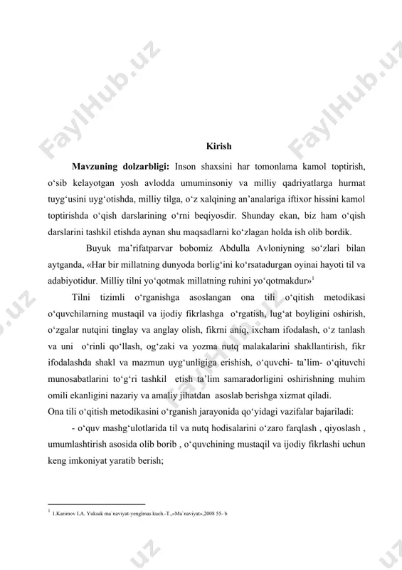 ib borish , so‘z boyligini oshirishni , tafakko‘r doirasini kengaytirish , nutqiy salohiyatni shakllantirish; - o‘quvchilarni kommunikativ savodxonlik darajasini orttirishning shakl, yul va usullarini o‘rganish. o‘qish darslarida badiiy adabiyot o‘quvchilarni aqlan, axloqan va estetik tarbiyalashning kudratli, ta`sirchan quroli sifatida xizmat qiladi, u o‘quvchilar nutqining rivojlantirish va boyitishga ulkan ta`sir ko`rsatadi. o‘qish darslariga noan’anaviy darslarni olib kirish va uni ta’lim mazmuniga singdirish, dars o‘tishning yangi-yangi usullarini topish davlat ta’lim standartlari talablarini bajarishga zamin yaratadi. boshlang‘ich sinflarda sinfdan tashqari o‘qishga kichik yoshdagi o‘quvchilarni ta’lim olishida qo‘shimcha darsni o‘zlashtirishga tayyorlashning ajralmas qismi, ta’lim jarayonida ularni ahloqiy-estetik tarbiyalashning muhim vositasi sifatida qaraladi. sinfdan tashqari o‘qishning maqsadi, kichik yoshdagi o‘quvchilarni bolalar adabiyoti va xalq og‘zaki ijodining xilma-xil namunalari bilan tanishtirish, ularda kitobxonlik madaniyatini tiklab tarkib toptirishdir. sinfdan tashqari o‘qish dasturining mazmuniga ko‘ra ta’limning har bir bosqichida ikki asosiy bo‘lim ajratiladi: 1-bosqichda o‘qish doirasi, ya’ni o‘qitiladigan kitoblar va ularni qaysi tartibda o‘qish bilan tanishtirish yuzasidan o‘quvchilarga …