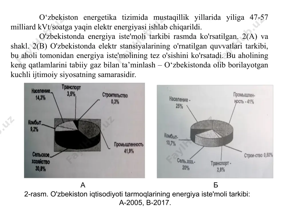 rida ikkita (umumiy quvvati 200 mvt) feslar ishga tushiriladi. yangi zamonaviy ieslarni ishga tushirish orqali yiliga qariyb 1,5 mlrd. kub metr tabiiy gaz tejalib, aholi ehtiyojlari uchun elektr energiyani qo‘shimcha ishlab chiqarish imkoniyati yaratiladi. 2025 yilga borib energiya tizimi quvvatini 25,6 gvt ga yetkazish kutilmoqda, ular orasida: issiqlik elektr stansiyalari 18,8 gvt, gidroelektr stansiyalar – 2,5 gvt ni taʼminlab, quyosh va shamol elektr stansiyalari quvvati esa 4,3 gvt ga yetadi. jismonan eskirgan qurilmalar bora-bora foydalanishdan chiqariladi. 2030 yilga borib umumiy ishlab chiqarish quvvati 29 200 mvt ni tashkil etadi, bu esa bugungi ko‘rsatkichlarga qaraganda 2 barobar ko‘proqdir. natijada 2030 yilda elektr energiya ishlab chiqarish hajmi 120,1 mlrd. kilovatt-soatni tashkil etadi (2020 yilda ushbu ko‘rsatkich 66,4 mlrd. kilovatt-soat edi). modernizatsiya bugun qanchalik ko‘p elektr stansiyalar qurilmasin, amaldagi ies va geslarni to‘liq modernizatsiyalash – energiya samaradorligi sohasidagi eng so‘nggi yutuqlar asosida uskuna va texnologiyalarni joriy qilish muhim vazifa bo‘lib qolaveradi. butun mamlakat …