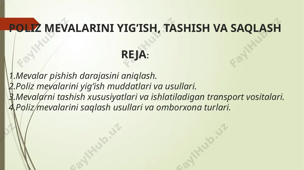 ranglarga aylanadi. muskat qovoqlari (c. moshata) mevalari pishib yetilganda esa, meva po’sti bir oz yumshaydi. 2. ekinlarni yetishtirish maqsadiga qarab poliz ekinlari mevalari pishib yetilishi turlicha bo’lgan darajada yig’ib olinadi. masalan, poliz mevalarini uzoq masofalarga jo’natish maqsadida ekilgan bo’lsa, mevalar to’liq pishib yetilishidan 10-15 kun oldin uziladi. joylarda iste’mol qilish uchun ekilgan bo’lsa, mevalar to’liq pishib yetilgach uziladi. qishki qovun va tarvuz navlari mevalari texnik pishib yetilish davrida, ya’ni iste’mol qilish uchun mumkin bo’lgan davrda, qovoq va xashaki tarvuz mevalari esa, biologik pishib yetilgan davrida yig’ib olinadi. poliz ekinlari mevalari pishib yetilishiga qarab bir necha marotaba (4-6 marta) yig’ib olinadi. kunlar sovib ketishiga yaqin mevalar bir yo’la hammasi yig’ib olinadi. birinchi pishib yetilgan mevalarni o’z vaqtida terib olish o’simlik palagidagi qolgan meva va tuganaklarni tezroq pishib yetilishiga imkon yaratadi, hosildorlikni birmuncha oshiradi. sug’oriladigan yerlarda qovun va tarvuz mevalarini yig’ib olishdan 10-15 kun oldin oxirgi marta sug’oriladi. bu esa mevalarni shirin …