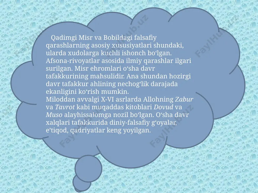 oniyada ikki marta tushish mumkin emas, chunki suv har daqiqada yangilanib turadi». olamda turg‘unlik yo‘q. harakat butun tabiatga, barcha jism va hodisalarga xosdir. sonlar dahosi pifagor fikricha olamning asosida ideallashgan raqamlar yotadi. narsa va hodisalar aynan ana shu raqamlar mahsulidir. eley falsafiy maktabi namoyandasi ksenofant mifologiyani rad etib, tabiatni o‘zgarmas va harakat sizdir, deydi. «hamma narsa erdan unib chiqadi, pirovardida yana erga qaytadi». «biz hammamiz erdan tug‘ilganmiz va erga qaytamiz». suqrot o‘z davrining etuk mutafakkiri, dahosi bo‘lgan, yoshlar tarbiyasiga alohida e’tibor qaratgan. uning fikricha, falsafaning markazida axloq masalalari turmog‘i lozim. chunki jamiyat ravnaqi, farovon hayot axloq-odobning ahvoliga bog‘liq. aflotun o‘zining «g‘oyalar dunyosi va soyalar dunyosi» ta’limotini ilgari surgan. uningcha, g‘oya haqiqiy borliq, biz biladigan va yashaydigan dunyo esa uning soyasidir. bu xuddi dunyo va oxirat munosabatini ifodalaydi, chunki haqiqiy o‘zgarish va taraqqiyot g‘oyalar dunyosiga xos, soyalar dunyosidagi harakat esa uning aksidir. g‘oyalar dunyosi qonuniyatlarini hamma ham bilolmaydi. aksariyat odamlar soyalar …