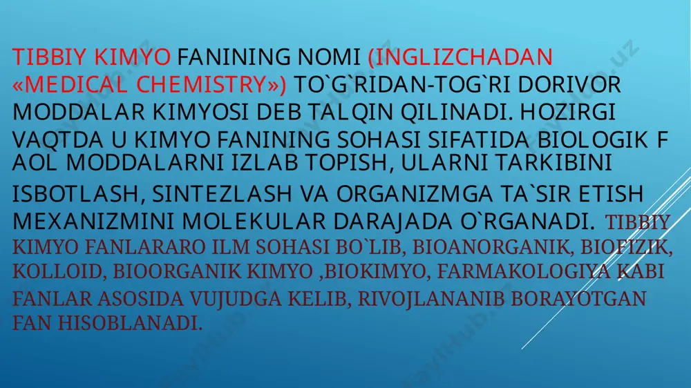 dan ortiq elementlardan 80 dan ko’prog’i tirik organizmning hayot faoliyatida qatnashadi. masalan qonda bu elementlarning 30 dan ortig’i, suyaklarda ham 30 ga yaqin, sut va sut mahsulotlarida esa 20 dan ortiq elementlar borligi aniqlangan aniqlangan. biogen elementlar tirik organizmdagi hayotiy jarayonlarda bevosita ishtirok etuvchi yoki shu moddalar tarkibiga kiruvchi elementlar biologik faol elementlar yoki biogen elementlar deb ataladi. organizmdagi miqdori bo‘yicha biogen elementlar quyidagicha sinflanadi: makrobiogen elementlar — organizmdagi umumiy miqdori 1% va undan ortiq bo‘lgan elementlar. bularga o, c, h, n, ca, p misol bo‘ladi; oligobiogen elementlar — organizmdagi miqdorlari 0,01—1% ni tashkil etadigan elementlar. bunday elementlarga mg, fe, k, na, cl, s kiradi. odam organizmida davriy sistemadagi elementlardan 80 dan ortig‘i saqlangan bo’lib, ular faqatgina bajaradigan biologik xossalari, umumiy miqdori bilangina emas, balki turli a`zo va to‘qimalarda turlicha taqsimlanishi bilan ham farqlanadi. elementlarning turli a`zolarda o‘zaro farqli ravishda tarqalganligi ularning topografiyasi hisoblanadi. mikrobiogen elementlar — organizmdagi miqdori 0,01% …