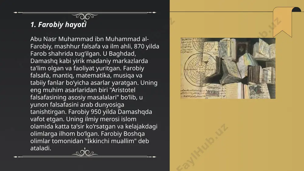 ini aytadi. ... t.me/slaydai_bot 7. farobiy va tibbiyot abu nasr al-farobiy (870–950) markaziy osiyolik mashhur faylasuf va olim bo‘lib, uning islom falsafasi va ilm-fanga qo‘shgan hissasi katta. tibbiyot sohasida ham al-farobiy o‘z asarlari orqali ma’lum bir ta’sir ko‘rsatgan. u qadimgi yunon olimlari, masalan, gippokrat va galen asarlarini o‘rganib, ularni tahlil qilish orqali tibbiyot tarixida ahamiyatli tushunchalar yaratdi. farobiyning ilmiy-tadqiqot uslubi va mantiqiy tahlil metodlari keyingi musulmon olimlari va shifokorlari uchun ilhom manbai bo‘ldi. al-farobiy shuningdek, sog‘lom turmush tarzi va profilaktik cho‘llanish muhimligini ham ta’kidlagan. farobiy olmonov sirojiddin e'tiboringiz uchun raxmat! image1.png image2.png image3.png image4.jpg image5.jpg image6.jpg image7.jpg /docprops/thumbnail.jpeg