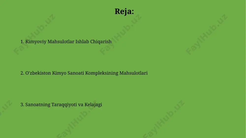 birikmalarni ishlab chiqaradi. plastik va rezina mahsulotlari oʻzbekistonning kimyo sanoati majmuasi tarkibidagi "plastik va rezina mahsulotlari" korxonalari yiliga 50 000 tonnadan ortiq turli xil plastik mahsulotlar, jumladan, toshkent va samarqand viloyatlarida ishlab chiqariladigan polietilen va polipropilen buyumlarni ishlab chiqaradi. "plastik va rezina mahsulotlari" sohasida faoliyat yurituvchi 20 dan ortiq korxona mamlakatning 7 ta viloyatida joylashgan boʻlib, ularning umumiy ishlab chiqarish quvvati yiliga 100 million dollarni tashkil etadi. farmatsevtika mahsulotlari фармацевтика тармоғида 2022 йилда 150 дан ортиқ турдаги дори-дармон воситалари, шу жумладан, тошкент ва самарқанддаги корхоналарда ишлаб чиқарилган антибиотик ва юрак-қон томир касалликларига қарши дорилар ишлаб чиқарилди. ўзбекистон фармацевтика саноатидаги йиллик маҳсулот ҳажми 2023 йилда тахминан 500 миллион ақш долларига етди, бу эса мамлакатнинг шифокорлик хизматларига бўлган эҳтиёжни қондиришда муҳим роль ўйнайди. e'tiboringiz uchun rahmat @taqdimot_robot image1.jpg image2.jpg image3.jpg image4.jpg image5.jpg image6.jpg image7.jpg