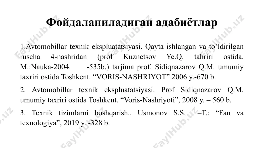 texnika bo‘limi; bosh mexanik bo‘limi; material texnika ta`minoti bo‘limi; texnik nazorat bo‘limi. 2. avtomobillarga txk va t ni tashkil etish usullari. harakat tarkibiga txk va ta’mirlashni tashkil etishning uchta usuli hozirgi vaqtda eng ko‘p tarqalgan: ixtisoslashgan brigadalar, kompleks brigadalar va agregat-ustaxonalar. 1. ixtisoslashgan brigadalar usuli ishlab chiqarish bo‘linmalarini, ularning texnikaviy ta‘sirlar turlari va texnologik ixtisoslashish belgilari bo‘yicha tashkil qilishni ko‘zda tutadi. avtomobillarga kx, 1-txk, 2-txk va joriy ta`mirlashni o‘tkazishda ishni tashkil etish uchun alohida ixtisoslashgan brigadalar tashkil etiladi. har qaysi ixtisoslashgan brigada zimmasiga avtomobil transporti korxonasidagi avtomobillarga texnik xizmat ko‘rsatish va ta`mirlash ishlarini o‘z vaqtida va sifatli bajarish yuklatiladi. har bir brigadaga ish hajmiga qarab ma‘lum sonli, zarur ixtisoslik bo‘yicha malakali ishchilar va maosh jamg‘armasi rejalashtiriladi. ishlab chiqarishni ixtisoslashgan brigadalar usuli bo‘yicha tashkil qilishda avtomobil transporti korxonasi muhandis-texnika xizmatining tuzilmasi 1-rasmda ko‘rsatilgan. atk muhandis texnika xizmatining ishlab chiqarih bo‘linmalari kunlik xizmat ko‘rsatish brigadasi tashxislash uchastkasi 1-txk brigadasi 2-txk brigadasi jt …