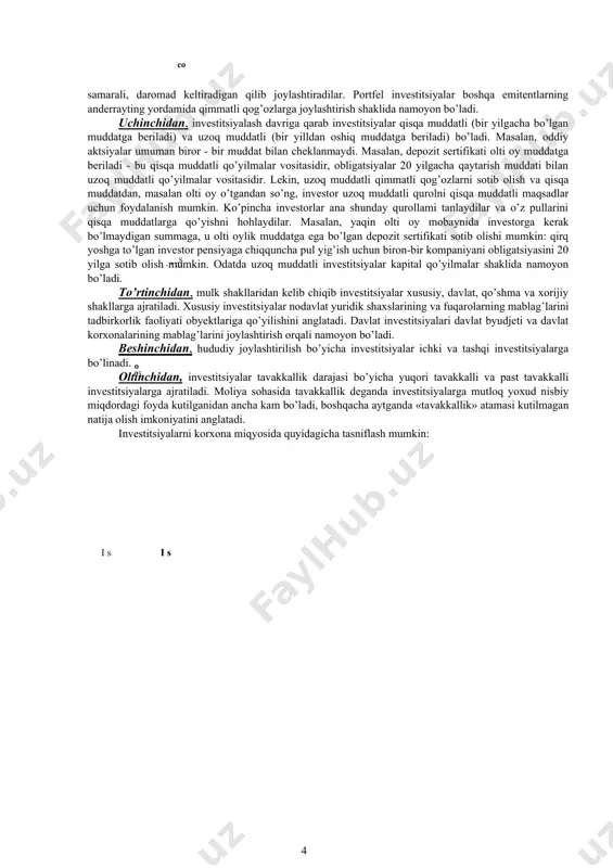 va iqtisodiy samara yoki boshqa rejalashtirilgan natijalar olish (ijtimoiy, ekologik va boshqa samaralar) maqsadida ularning safarbar etilishi sifatida namoyon etadi. xorijlik iqtisodchi-olimlardan u.sharp, k.eklund, kempbell r.makkonell, stanli l.bryu kabilar investitsiyalarning mazmun-mohiyati yuzasidan turlicha tariiflami bayon etishgan. jumladan, nobel mukofotining iqtisodiyot bo’yicha laureati (1990 yil) u.sharp ta’kidlashicha: «investitsiyalar kelgusida (ehtimol, nomuayyan) qiymatlik olish maqsadida hozirgi vaqtda muayyan qiymatlikdan voz kechishdir»[footnoteref:11] [footnoteref:12] [footnoteref:13]. «investitsiyalash» atamasining ma’nosini mana bunday sharhlaydilar: «kelajakda foyda olish uchun bugun puldan ajralishdir» va hisoblaydilarki, mablag’larni yoki real yohud moliyaviy aktivlarga investitsiyalash mumkin. ular investitsiyalash atamasi mazmunini kelajakda foyda olish maqsadida bugun pul bilan «xayrlashish»da ko’radilar. [11: fflapn y., anekcahgp r., eeftnh ,3,*. hhbecrn^hh. nep. c. ahra. - m.: «hh$pa-m», 1997. - c. 16, 979.] [12: kaac ^khyhg. ^^ekthbhaa ^kohomhkh: mbegckaa mogenb. - m.: «^kohomhkh», 1991. - c. 96.] [13: t^anehko h.ro. hhbecrn^hh: yne6. noco6ue. - m.: «akagemhh», 2009. - c. 6.] shved iqtisodchi-olimi k.eklund fikricha: «investitsiya - bu …