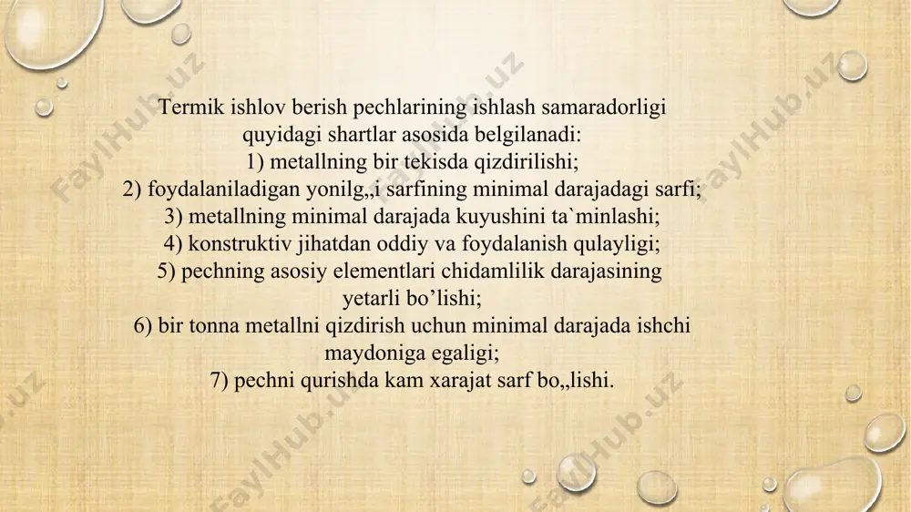 hi materiallar loy, qolip va boshqalarni qo’shib, mexanik yoki materiallarni gidravlik presslar yordamida tayyorlangan yarim quruq kukunsimon holatdagi; e) pnevmatik yoki elektromexanik zichlab tayyorlangan holatda; f) elektr va boshqa pechlarda quyma usulida olingan holatda. 3. termik ishlash usuliga ko‘ra: a) pishirilgan, elektr yoki boshqa pechlarda belgilangan rejimda pishirilgan; b) pishirilmagan. 4. olovbardosh mahsulotlar o‘lchamiga va ko‘rinishiga qarab, bir qancha turlarga bo‘linadi: a) me’yoriy g’isht (katta va kichik ko„rinishda), to’g’ri va ponasimon (bo’ylama va ko’ndalang); b) shakldor mahsulot (oddiy, murakkab, ancha murakkab); d) yirik blokli shakldor mahsulotlar oddiy, murakkab, ancha murakkablar; e) tajriba va ishlab chiqarishda qo’llaniladigan maxsus mahsulotlar (tigel truba, trubka va boshqalar). pechlarni truba va boshqa turdagi qurishda ishlatiladigan olovbardosh materiallar quyidagicha markalanadi: sh - shamotli, ysh - yengil shamotli, ya - yarim oksidlangan, dn - dinasli (otashbardoshli). kamerali pechlar mayda va o’rtacha o’lchamdagi mahsulotlarni bir martalik va seriyali ishlab chiqarishda termik sexlarda suyuq, gazsimon yonilg’i va hattoki, elektrenergiyada …