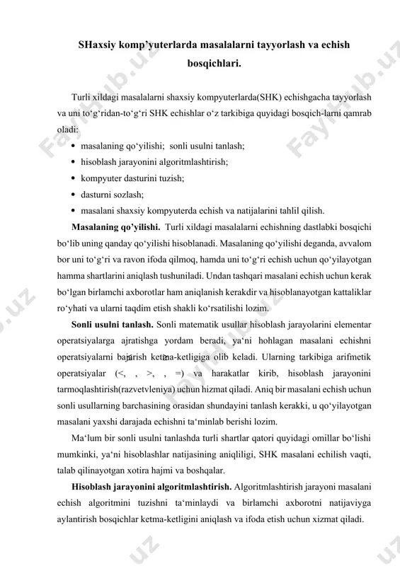 iyga aylantirish bosqichlar ketma-ketligini aniqlash va ifoda etish uchun xizmat qiladi. masalani echish algoritmi kutilayotgan natijani olish maqsadida dastlabki ma‘lumotlar va oraliq natijalar ustidan bajarilayotgan elementar operatsiyalar tartibini aniq belgilab berishi kerakdir. algoritm masalani echish usuli hisoblanmaydi, balki tanlangan sonli usulni amalga oshiradi. agar bitta sonli usulni amalga oshirish uchun bir nechta algoritmlar mavjud bo‘lsa, u holda ular orasidan shaxsiy kompyuterdan eng samarali foydalanish uchun xizmat qiladigan usuli tanlab olinadi(tarkibida kam operatsiyalar bori kam xotira talab qiladi). komp’yuter dasturini tuzish. dasturlash – bu shaxsiy kompyuter dasturlash tilida algoritmni tasvirlash jarayonidir. agar dastur kompyuter tilida(ya‘ni kompyuter komandalarida) tuzilsa, u holda dastur to‘g‘ridan-to‘g‘ri shaxsiy kompyuterda amalga oshiriladi. dastur simvollar tilida yozilsa, u holda dastur matni translyator orqali kompyuter tiliga o‘giriladi va undan keyin u shaxsiy kom‘yuterda echiladi. dasturni sozlash. dasturdagi xatoliklarni aniqlash va ularni to‘g‘rilash jarayoni sozlash deyiladi. dasturlarda sintaksis va mantiqiy xatolar bo‘lishi mumkin. translyator tomonidan dasturni sintaksis nazorat qilish natijasida …