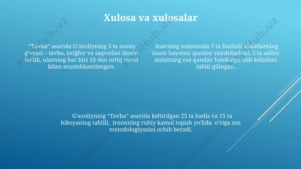 n’analariga chuqur tayanishini ko‘rsatadi. g‘azoliyning “tavba” asari 12-asr tasavvuf adabiyoti an’analariga, xususan, o‘zidan oldingi mutafakkirlarning taqvo va tavba masalalari yuzasidan yozgan asarlari bilan chambarchas bog‘liqdir. “tavba”ning badiiy uslubi va falsafiy g‘oyalari 11-12 asrlar sharq she’riyatining mistik (sufiy) an’analari bilan uyg‘unlashib, adabiy mahsulot sifatida o‘ziga xos o‘rin egallaydi. kompozitsiya va syujet qurilmasi asarda xronologik va mantiqiy syujet qurilmasi qo‘llanilgan bo‘lib, g‘azoliy tavbaning bosqichlarini 7 ta asosiy element orqali tushuntiradi, bu esa matnning aniq va tizimli tuzilishiga yordam beradi. g‘azoliyning “tavba” asarida 3 qismdan iborat bo‘lgan kompozitsiya tuzilmasi kuzatiladi: tavba qilishga undovchi kirish, tavbaning shartlari va jarayonini batafsil bayon qilish va nihoyat, tavbaning samarasini ko‘rsatuvchi xulosa. “tavba” asarining syujeti qisqa, ammo mazmun jihatdan boy bo‘lib, g‘azoliy faqat 20 ga yaqin sahifa ichida murakkab ma’naviy jarayonni o‘quvchiga tushunarli ravishda yetkazadi, bu esa uning ustomonligidan dalolat beradi. zamonaviy adabiyotdagi o'rni gʻazoliyning “tavba” asari zamonaviy adabiyotshunoslikda 10 dan ortiq monografiya va 50 dan ziyod ilmiy …