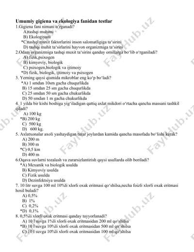 umumiy gigiena va ekologiya fanidan testlar — DOCX
