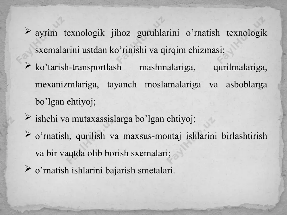 zlash ishlarini (masalan, murakkab yoki katta hajmga va vaznga ega bo’lgan jihozlarni va ular bilan birikkan quvurlarni, texnologik jarayonlarni avtomatik boshqarish va kuzatish sistemalarini o’rnatish, elektromontaj ishlarini bajarish va h.k.) shu sohaga mutaxassislashtirilgan tashkilotlar tomonidan bajarilishi bu ishlarning sifatini, ish unumdorligini va ishlarni mexanizatsiyalash darajasini oshirishiga olib keladi. o’rnatish ishlari usullari. texnologik jihozlar, konstruktsiyalar va quvurlarni o’rnatish qurilish-montaj ishlari bajarilish ketma-ketligiga qarab oqim-aralash va ketma-ket usullariga, mexanik-montaj ishlarini tashkil qilishiga qarab yirik blokli, oqim-agregat yoki oqim-tugunli va tiqinsiz(podkladkasiz) usullariga ajratiladi. oqim-aralash usuli o’rnatish usullari ichida eng progressiv va tejamkor hisoblanadi va muhandislik va iqtisodiy tayyorgarlikni puxta olib borilishini talab qiladi. bunda barcha ishlar qurilish-montaj olib boradigan tashkilot, texnologik jihozlarni va materiallarni yetkazib beruvchi tashkilot va buyurtmachi o’rtasida kelishilgan va shu ob`ekt uchun tuzilgan qurilish-montaj ishlarini olib borish grafigiga qattiq rioya qilgan holda olib boriladi. montaj ishlari quyidagicha olib boriladi: birinchi binoning asosiy kolonnalari o’rnatiladi va texnologik jihozlarni o’rnatish uchun poydevor, …