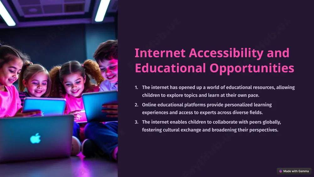 and creative expression. 5 access to inappropriate content inappropriate material the internet's vast and unregulated content can expose children to age-inappropriate material, including violence, pornography, and hate speech. lack of digital literacy lack of digital literacy and parental monitoring can leave children vulnerable to stumbling upon disturbing or harmful online content. 6 decreased physical activity and obesity risks sedentary lifestyles excessive screen time can replace physical play and outdoor activities, contributing to sedentary lifestyles. unhealthy weight gain mindless snacking while gaming or browsing the web can lead to unhealthy weight gain and obesity. lack of social interaction lack of real-world social interaction discourages children from engaging in group sports and fitness. prioritizing digital entertainment the lure of digital entertainment makes it challenging for children to prioritize physical exercise and a healthy lifestyle. 7 opportunities for creativity and self-expression the internet enables children to explore their creativity through digital art, coding, …
