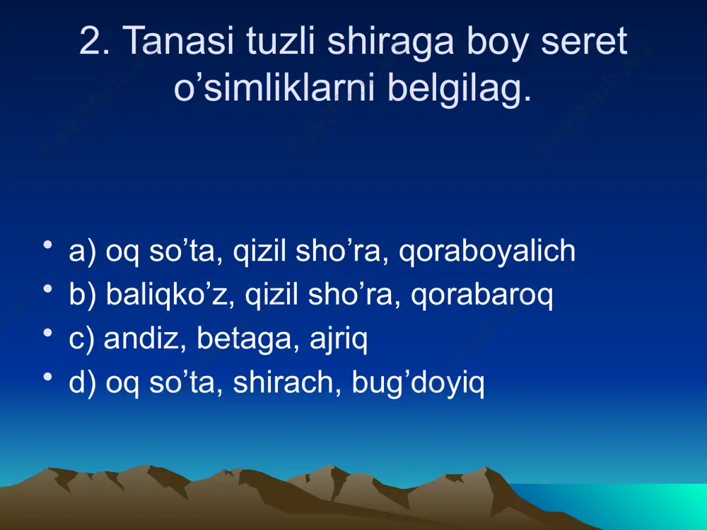 ekiladi? a) tok b) partak c) pista d) no’xot 24. tog’larda muxofazaga molik turlarni ko’rsating. a) kovrak, shirach b) piyoz, do’lana c) lola, tog’olcha d) tobulg’i, shirach 25. yaylovlarda o’sadigan buta o’simliklar guruhi qaysi qatorda keltirilgan? a) uchqat, irg’ay b) betaga, zirk c) ermon, itqo’noq d) toron, uchqat audio1.wav