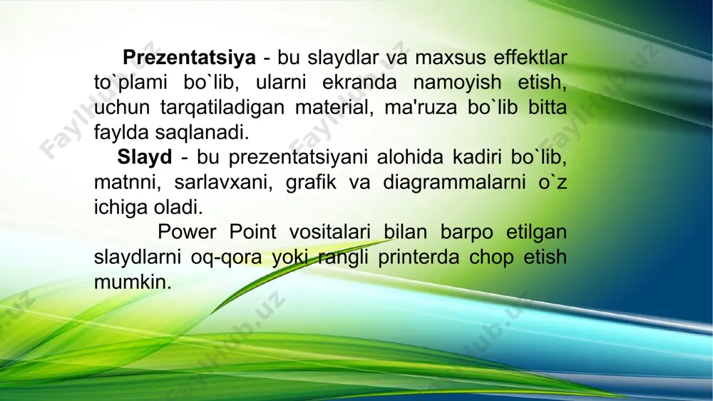 li olish mumkin. aytgancha, powerpoint fayllarini google slides-ga import qilish va keyin ularni tahrirlash mumkin. google drive-ga internet orqali quyidagi url manzil orqali kirasiz: https://drive.google.com yangi slayd bilan ishlash oynasi libreoffice impres impress – libre office taqdimot dasturi. bu sizga turli xil elementlarni o'z ichiga olgan slaydlar, shu jumladan matn, markalangan va raqamlangan ro'yxatlar, jadvallar, diagrammalar va rasmlar, rasmlar va fotosuratlar kabi turli xil grafikalarni yaratishga imkon beradi. impress shuningdek, prezentatsiyalar yaratish uchun foydalaniladi. asosiysi impress oynasida uchta maydon mavjud (chapdan o'ngga): slayd paneli, ish maydoni va yon panel. bundan tashqari, taqdimotni yaratishda bir nechta asboblar paneli ko'rsatilishi yoki yashirilishi mumkin. impres oynasi libreoffice impress dastur oynasi powerpoint keynote google slides tegishli dasturlar microsoft office 365 qismi iwork ni bir qismi google drive ofis paketining bir qismi eksport qilinadigan fayl turlari office powerpoint formatlariga qo'shimcha ravishda .pdf, .xps, .mp4, .wmv, .odp, .gif, .jpg, .png, .gif, .bmp, .tif, .wmf, .emf va …