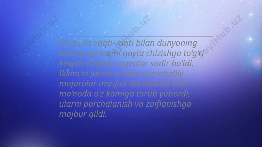 olar, balki o‘zgargan geosiyosiy vaziyat bilan ham yuzlashmoqda shuning uchun ham xavfsizlik mamlakatlar va xalqlar o‘rtasidagi qarama-qarshilikni chuqurlashtirish bilan emas, balki insoniyat sivilizatsiyasining saqlanishi va ravnaqini ta’minlay oladigan har tomonlama va o‘zaro manfaatli hamkorlikning yangi yo‘llari va yo‘nalishlarini izlash bilan bog‘liqdir. shunday qilib, xxi asrning boshlari. xalqaro xavfsizlik va hamkorlikka asoslangan yangi dunyo tartibi bilan belgilanadi. quyidagi vazifalar ilgari surildi: - xalqaro tartibni ta'minlash; – xalqaro nizolar va qarama-qarshiliklarning oldini olishning qonunchiligi va mexanizmlarini takomillashtirish; – atrof-muhitni, insoniy qadriyatlarni, moddiy va ma’naviy madaniyatni muhofaza qilishni ta’minlash; - barcha qo'llab-quvvatlovchi davlatlar uchun huquqlarning tengligi. xalqaro munosabatlarning asosiy tamoyillari sifatida ko'p qutbli dunyo tartibiga o'tish, global muammolarning paydo bo'lishi, dunyoning ikki qutbga (shimoliy va janub) bo'linishi deb hisoblash mumkin. bularning barchasi zamonaviy munosabatlar rivojlanishining izchil emasligi va ularni sinchiklab o'rganish zarurligidan dalolat beradi. adabiyot 1. barkovskiy a.n., obolenskiy v.p. rossiyaning jahon iqtisodiy makonidagi tashqi iqtisodiy siyosati // rossiya va zamonaviy dunyo. 2005 …