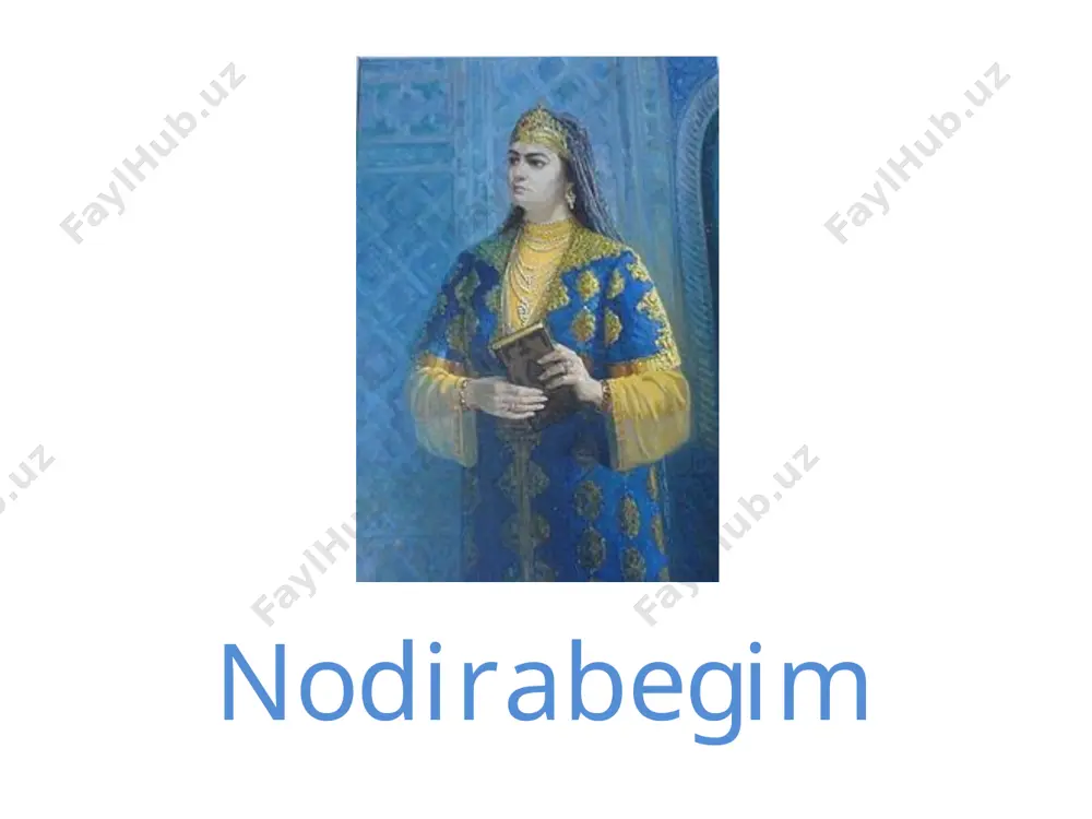 ular doirasidan yuqori koʻtarilib, odamiylikni chuqur idrok qilish vositasiga aylantiriladi. n. insonning eng yuksak fazilati vafodorlikda deb biladi. shoiraning forstojik tilidagi mebosh radifli gazalida vafo mavzui keng doirada kalamga olinadi. shoira himmat, sabr, qanoat, nomus, hayo kabi hislatlarni maʼrifat, yaʼni xudo vasliga erishishni yaqinlashtiruvchi manzillar sifatida qayd etadi, odam ana shu sharafli hislatlarni oʻz ruhiga mukammal singdirib olishi va uni sobitkadamlik bilan koʻngil ganjinasida asramogʻini obrazli qilib tasvirlaydi. odamzod shu sifatlardan maxrum boʻlar ekan, u riyo yoʻliga kirib ketadi. n. oʻz ijodida dunyoviylik bilan bir qatorda tasavvufning naqshbandiya yoʻnalishiga asoslangan bir butunlik orkali insonning jamiyat va tabiatga munosabatini ham, ilohiy muhab-bat yoʻlidagi ruhiy dunyosini ham juda goʻzal va jonli misralarda ifodalab beradi. n. sheʼrlarida islom ruhi, ta-savvuf taʼlimi va hayot falsafasini chuqur idrok etgan holda hayotga hamma vaqt umidbaxsh nigoh bilan qaraydi va undan yaxshilik urugʻini qidiradi. n. saroyda yashasa ham, oʻzini maʼnaviy jihatdan baxtiyor hisoblay olmas edi. shuning uchun …