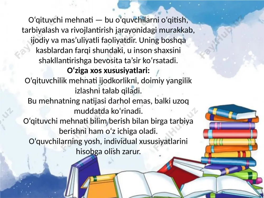 zalarini aniq va mukammal bildirishiga, har tamonlama shakllangan komil insonni tar-biyalashga, o‘z kasbini puxta o‘zlashtiradigan etuk mutaxassis tayyor-lashga zamin yaratadi. o‘qituvchi mehnati ihniy jihatdan to‘g‘ri tashkil etilishida o‘quvchilar bilan olib borilayotgan faoliyatning quyidagi yo‘nalishlariga e’tibor berish lozim: -o‘qituvchi va o‘quvchilarning ikki tomonlama bir-biriga ta’siri natijalari; - o‘qituvchining o‘quvchilar jamoasi bilan ishlay olish qobiliyati; - sinf jamoasi faollari bilan olib boriladigan pedagogik faoliyatning ijobiy natijalari. o‘qituvchi mehnatini ilmiy jihatdan to‘g‘ri tashkil etishning quyi-dagi vositalarga e’tibor berish lozim. o‘qituvchi mehnatini ilmiy jihatdan to‘g‘ri tashkil etish vositalari 1. mehnat faoliyatini to‘g‘ri rejalashtirish. 2. belgilangan vazifalarni tashkil etish va amalga oshirish. 3. o‘z mehnatini mnntazam boshqarish va nazorat qilish. 4. o‘z-o‘zini nazorat qilish (refleksi). o‘qituvchi mehnatining ta’lim-tarbiyaviy mohiyati ijobiy natijalar berishi uchun, o‘qituvchi sinf jamoasi bilan o‘tkazilayotgan har qanday tadbirni belgilangan vaqtda amalga oshirishi, mehnat va dam olish uchun ajratilgan vaqtdan unumli foydalana olishi, o‘z mehnati faoliyatida sog‘-ligiga, ruhiy holatiga e’tibor berishi lozim. o‘qituvchi …