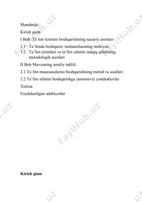 ilishini ta’minlashlari kerak. ta’lim oldiga ko‘yilgan vazifalarni muvaffaqiyatli bajarish ta’lim tizimini boshqarish va unga rahbarlik kilish faoliyatining saviyasiga boglik. kelajagi buyuk jamiyatning rivojlanish talablaridan kelib chikib, maorifning o‘rni va roliga yangi avlodni tarbiyalash nuktai nazaridan karab, oliy majlis materiallarida, prezidentimiz ma’ruzalarida, maxsus qarorlarida rahbarlikning yuqori ilmiy darajada amalga oshirish zarurligiga alohida e’tibor berib kelmoqda. kurs ishining predmeti : ta`lim tizimini boshqarish kurs ishining maqsadi : davlatimiz ta`lim tizimini boshqarishning nazariy asoslarini o`rganish asosida ta`lim sifatini oshirish chora-tadbirlarini ishlab chiqish kurs ishining vazifasi : 1. muammo bo`yicha adabiyotlarni mukammal o`rganish 2. o`rganilgan nazariy manbaa asosida muammoni tahlil qilish va yechimini ishlab chiqish kurs ishi ob`ekti : ta`lim tizimini boshqaruvchi organlar kurs ishi farazi : ta’lim tizimini bosharishda markazlashgan raxbarlikni keng demokratiya bilan mustakillik va tashabbuskorlikni rivojlantirish bilan birga ko‘shib olib borish, o‘ziga xos xususiyatlarni va shart-sharoitlarni hisobga olish imkonini beradi. kurs ishi tuzilishi : kirish qism, 2 bob, 4 bo`lim, xulosa …