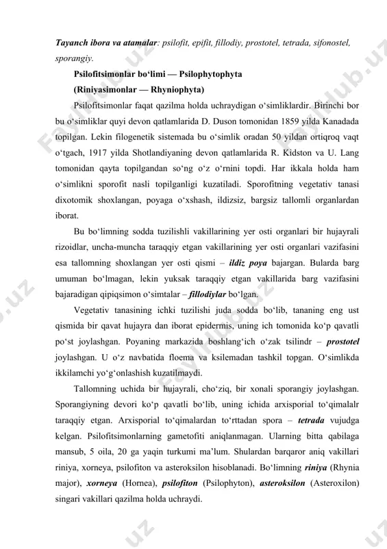 trada vujudga kelgan. psilofitsimonlarning gametofiti aniqlanmagan. ularning bitta qabilaga mansub, 5 oila, 20 ga yaqin turkumi ma’lum. shulardan barqaror aniq vakillari riniya, xorneya, psilofiton va asteroksilon hisoblanadi. bo‘limning riniya (rhynia major), xorneya (hornea), psilofiton (psilophyton), asteroksilon (asteroxilon) singari vakillari qazilma holda uchraydi. psilotsimonlar bo‘limi — psilophyta bu bo‘limga monotip psilotsimonlar (psilotopsida) ajdodi bilan monotip psilotlar (psilotalesa) qabilasi mansub. shu qabilaga mansub psilotdoshlar (psilotaceae) oilasiga hozirgi paytda tarqalgan psilot (psilotum) va tmezipteris (tmesipteris) turkum vakillari taalluqli. bular quruqlikda tarqalgan o‘simliklar, ildizi yo‘q, uning o‘rniga uzunligi 1 m keladigan rizomoidlari mavjud. poyasi tik o‘sadi, balandligi 1 m ga yaqin, uchidan uch tomonlama bo‘linuvchi initsial hujayra o‘sadi. har ikkala turkumga mansub o‘simliklarning ham ichki tuzilishi bir xil emas. psilotning ust tomonida og‘izcha va kutikulali epidermis, uning ostida uch qavat po‘st, uning ichki qismida endoderma va markazida shotisimon traxeidlardan iborat o‘tkazuvchi bog‘lamlar joylashgan. tmezipteris yer ustki poyasining markazida sifonostel deb ataladigan o‘zakning bo‘lishi va …