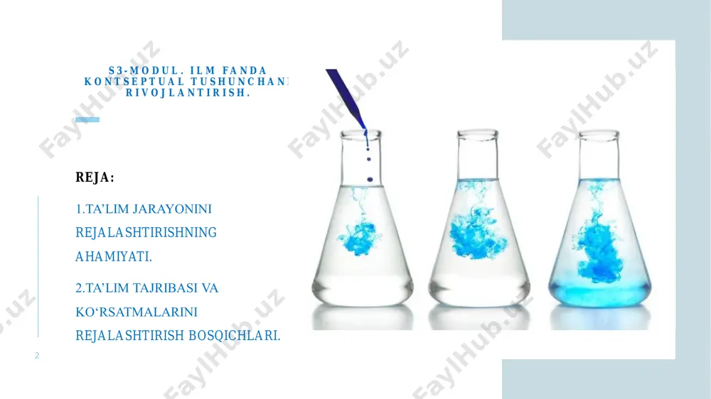 ta’lim rejasini ishlab chiqishda: • sinfda turli tadbirlari: videolar, muhokamalar, guruhlar, mehmon ma’ruzachilari, juftliklardan foydalanishga; • turli xil topshiriq usullari:yozma.og‘zaki,loyihalar va boshqalarga; • iloji boricha ko‘proq o‘rganish usullarini jalb qilish (masalan,visual,eshitish) ga; • o‘quvchilarga bir nechta yechimlarga ega bo‘lgan hal qilish uchun haqiqiy dunyo muammosini berishga e’tibor qarating.8 butun dars rejasi uch bosqichli ta’lim strategiyasidan iborat 9 1-bosqich-kutilayotgan natijalar o‘rnatilgan maqsadlar:ushbu loyiha qanday maqsadlar (masalan,content standartlari,kurs maqsadlari,o‘quv natijalari)ga qaratilgan tushunchalar: o‘quvchilar quyidagilarni tushunadilar…. katta g‘oyalar nima? ular haqida qanday tushunchalar talab qilinadi? qanday noto‘g‘ri tushunchalar bo‘lishi mumkin? muhim savollar: qanday muhim savollarni o‘rganishni ,tushunishni va bilim almashishni rivojlantiradi. o‘quvchilar….. bilib oladi ular qanday bilim va ko‘nikmalarni egallashadi? o‘quvchilar …..qila oladi ular so‘nggida nimalarni qilishga qodir bo‘lishadi? bu bosqichga quyidagi fizika fani bo‘yicha namunani tavsiya etamiz. 1 0 1-bosqich-kutilayotgan natijalar mavzu: jism og‘irligini harakat turiga bog‘liqligi katta g‘oya: og‘irlik barqaror tushuncha jismning tayanchga yoki osmaga ta’siri muhim savollar: sizningcha pastga qulayotgan …