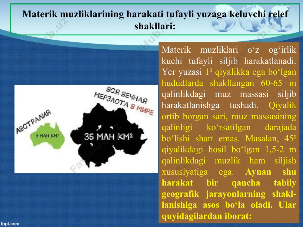 lar vujudga keladi. termoeroziya tufayli yuz berayotgan yemirilish chizig‘i ko‘pincha termokarst, ta’sirida hosil bo‘lgan pastqamliklar tomon yo‘nalgan bo‘ladi. bunday vodiylarda tez-tez erimasdan saqlanib qolgan abadiy muzloq yerlarning qoldiqlari tepaliklar tarzida uchraydi. ular fanda boyjaraxlar deya ataladi. boyjaraxlarning balandligi bir necha metrdan, bir necha o‘nlab metrga yetadi. muzliklarning geologik faoliyati: soliflyuksiya – bu tushuncha lotincha ma’no kasb etib, solum-tuproq, luchus-oqim degan mazmun beradi. demak, soliflyuksiya jarayoni tufayli muzlagan yonbag‘irlarning harorat ta’sirida erib oqmalar tarziga kirishi tushuniladi. soliflyuksiya baland tog‘larda uchragani kabi abadiy muzlab yotuvchi hududlarda ham kuzatiladi. soliflyuksiya suvga to‘yingan gruntning o‘z og‘irlik kuchi tufayli yon bag‘ir bo‘ylab, quyiga tomon oqishini ta’minlovchi asosiy kuch gravitatsiya tufayli yuz beradi. tuproq massasining muzlashi hamda erishi tufayli uning og‘irligi ortib, suv haroratining 0 dan 4 ga qadar o‘zgarishi tufayli zichligining kamayishi, kalloidlarning bo‘kib hajman oshishi tufayli yuzaga keladi. 2-rasm. soliflyuksiya tufayli supasimon relef shakllarining vujudga kelishi (s.g‘.bogam bo‘yicha). muzliklarning geologik faoliyati: termokarst. psevdokarstning bir …