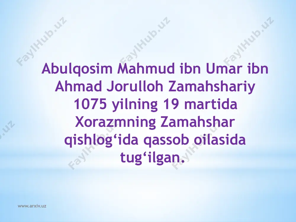 -balot» («notiqlik asoslari», lug‘atshunoslikka oid «tog‘lar, manzillar va suvlar», «hadislardagi notanish so‘zlarni o‘zlashtiruvchi», «qofiya» va boshq. www.arxiv.uz www.arxiv.uz www.arxiv.uz www.arxiv.uz e’tiboringiz uchun rahmat! www.arxiv.uz www.arxiv.uz www.arxiv.uz www.arxiv.uz image1.jpeg image2.jpeg image3.jpeg image4.jpeg image5.jpeg