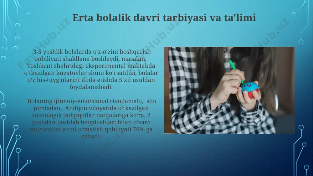 a oid ko'rsatkichlar amerika qo'shma shtatlari tadqiqotlariga ko'ra 20% farq qilishi mumkin. temperament xususiyatlarining individual farqlari, masalan, qo'rqinchlilik yoki faollik darajasi, 3 yoshli bolalarning 70%ida o'zbekiston sharoitida o'tkazilgan kuzatuvlarga ko'ra turlicha namoyon bo'ladi. o'yin va o'yin faoliyati ўзбекистоннинг турли ҳудудларидаги тадқиқотлар 100 та бола устида ўтказилиб, ўйиннинг болаларнинг муаммоларни ечиш қобилиятига 30% гача ижобий таъсирини кўрсатди. 3-7 ёшли болаларда ўйин фаолияти уларнинг ижтимоий-эмоционал ривожланишида муҳим роль ўйнайди, хусусан, тошкент шаҳридаги боғчаларда кузатилган тадқиқотлар буни тасдиқлайди. jismoniy rivojlanish va o'sish bolalar 0-2 yosh oraligʻida oʻrtacha 25 sm ga oʻsadi va vazni 5-7 kg ga ortadi, bu jahon sogʻliqni saqlash tashkilotining ma'lumotlariga ko'ra, genetik omillar va ovqatlanishga bogʻliq. oʻrtacha 4 yoshli bola kuniga taxminan 11-12 soat uxlaydi, bu ularning jismoniy rivojlanishi va immun tizimining mustahkamligi uchun juda muhim hisoblanadi, bu esa amerika pediatriya akademiyasining tavsiyalariga mos keladi. e'tiboringiz uchun rahmat @taqdimot_robot image3.jpg image4.jpg image5.jpg image6.jpg image7.jpg image8.jpg image9.jpg image10.jpg image11.jpg image12.jpg image13.jpg …