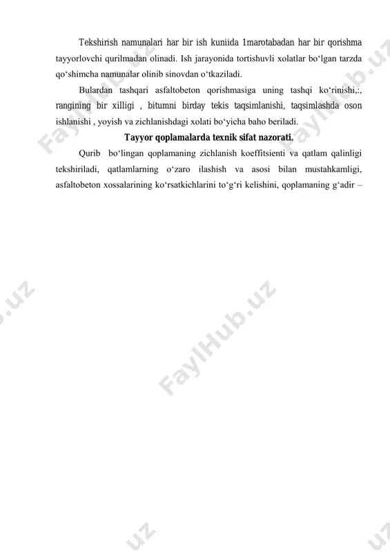 tekshirilishi lozim: - doimo taxtalar (plitalar) va birlashish elementlar ko‘rinishdagi butunligi ulanishdagi payvandlashning va choklarni to‘ldirilish sifati qurilishdagi texnologik usulga rioya qilish; - har smenada kamida bir marta: taxtalarning asos bilan birlashishi(tekislovchi qatlam) ni yuk yotqizilgan taxtada birini ko‘tarib yonma-yon yotgan taxtalarning (plita) qirralarini bir-biridan yuqori yoki pastligi bo‘ylama chokda 3 ta ko‘ndalang kesimda, ko‘ndalang choklarda esa 1 km da 10 ta ulanishda. kengligi 7,5 m ga teng sementbeton qoplama sirpanuvchi qolipli mashinalar yordamida qurilayotganda taqsimlagich ishlatilgan taqdirda beton qorishmasini dastlabki taqsimlanishi 7,3-7,5 m kenglikda amalga oshirilishi lozim. beton qorishmasini zichlashda «o‘tirishi»ni hisobga olib taqsimlash lozim, qoplama taqsimlaganda sirpanuvchi qolipi bo‘lgan mashinalar yordamida beton yotizgichda qurilayotganda, agar loyihaviy qalinlik 20-24 sm ga teng bo‘lsa, ish kunlaring boshida yoki uzoq muddatli tanaflfuslardan so‘ng qorishmaning «o‘tirishi» ga 5-7 sm qo‘shib olish tavsiya etiladi. ko‘rsatilgan «o‘tirish»ga qo‘shib olish uzunligi 10-15 m bo‘lgan bo‘lakda saqlanishi, so‘ngra uni 3-5 sm gacha kamaytirish kerak. beton qoplamaning …