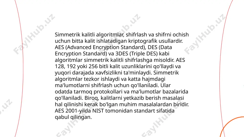 lmashinuvi xavfsiz deb hisoblanmaydi. ... t.me/slaydai_bot stream shifrlash usullari axborotni uzluksiz oqim shaklida shifrlash uchun qoʻllaniladigan usullardir. ushbu usullar simmetrik kalitli kriptografiyada keng qoʻllaniladi. mashhur stream cipher misollaridan biri rc4 boʻlib, u rivest tomonidan ishlab chiqilgan. keystream generatori har bit yoki baytni oʻzgaruvchan kalit oqimi bilan shifrlaydi. lfsr (linear feedback shift register) asosida ishlaydigan generatorlar ham stream shifrlashda keng qoʻllaniladi, chunki ular yuqori tezlikda va kichik apparat manbalarida ishlay oladi. stream shifrlash blok shifrlashdan tezroq ishlaydi, chunki u bulardan farqli oʻlaroq, matnni kichik qismlarga boʻlmay shifrlaydi. ... t.me/slaydai_bot 13. shifr turlarining qiyosiy tavsifi shifr turlari axborot xavfsizligi uchun muhim ahamiyatga ega. simmetrik shifrlashning asosiy kamchiligi bu kalitlarni tarqatish muammosi bo‘lib, des va aes kabi algoritmlar ishlatiladi. aes 128, 192 va 256 bitli kalitlardan foydalanadi. asimmetrik shifrlashda esa kalit juftligi qo‘llaniladi, rsa va ecc algoritmlari mashhur. rsa uzoq - 2048 bitli kalitni talab qiladi, ecc esa samaradorligi tufayli 256 bitli kalit …