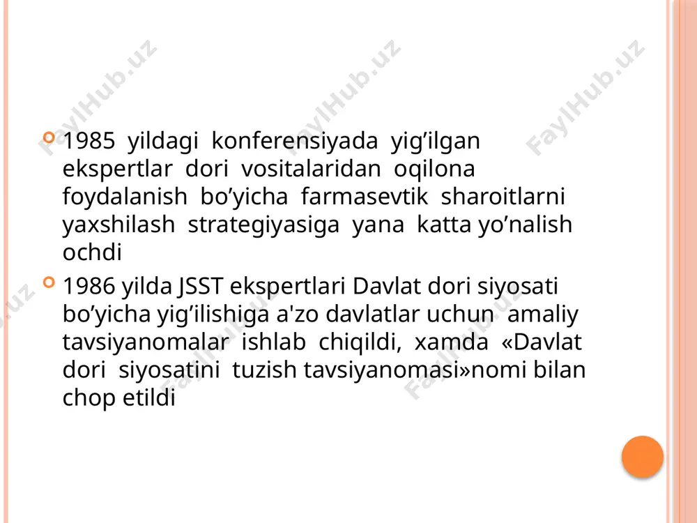 iyatning sog’ligi uchun ahamiyati, sifati, xavfsizligi, ta’siri va xarajatlar nuqtasi nazaridan nisbiy samaradorligi kabi fanlarni hisobga olgan holda tanlanadi. asosiy dori vositalarining taxminiy ro’yxati – (полс – “примерный перечень основных лекарственных средств") – birinchi bor 1977 yilda, mahalliy aholini sog’liqni saqlash doirasidagi talablarini qondirish uchun moljallangan dori vositalarini tanlash uchun va dorilarning milly ro’yxatini tuzish maqsadida tuzilgan. hozirgi kunda jahon sog’liqni saqlash tashkilotining 193 ta a’zo-davlatlardan 156 tasida asosiy dori vositalarinig rasmiy ro’yxatlari bo’lib, shulardan 127 tasi oxirgi 5-10 yilda yangilangan, ayrim davlatlar alohida provintsiyalar yoki shtatlar doirasidagi ro’yxatga egadirlar. asosiy dori vositalarining ro’yxati bizga nima uchun zarur? rivojlanayotgan mamlakatlarda aholini dori vositalari bilan ta’minlashga qator omillar to’siqinlik qiladi. dorilarni etkazib berish va taqsimlash tizimlarining rivojlanmaganligi, tibbiyot xodimlari va muassasalarining etishmasligi, sog’liqni saqlash sohasida investitsiyalarning etishmasligi va dori vositalarining narxining yuqoriligi. asosiy dori vositalariga ilk qadamlar (qisqacha tarixiy ma’lumotlar) dori vositalari sanoat masshtablarida 100 yildan buyon ishlab chiqariladi. 1930-yillarning oxirida …