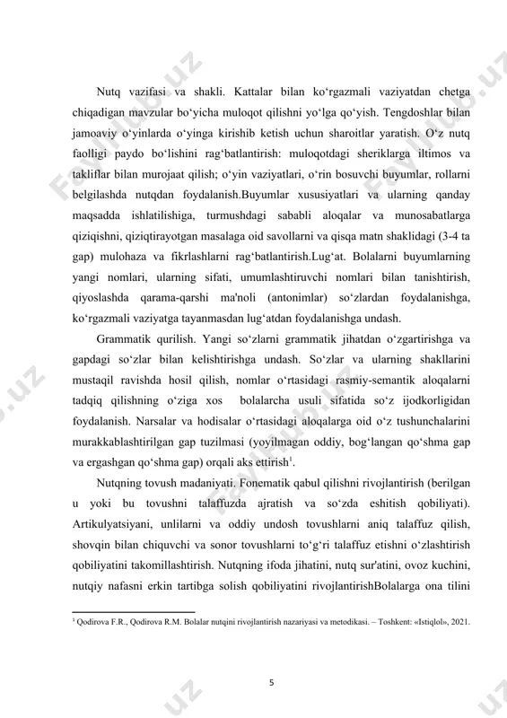maktabgacha davrdagi bolalikning barcha yosh bosqichlarida ushbu yo‘nalishdagi pedagogik ishlardan ko‘zda tutilgan vazifalarni batafsil ko‘rib chiqamiz. go`daklik yoshi: 0 - 1 bola hayoti kattalar hayoti va faoliyatiga uyg‘unlashgan bo‘ladi. ayni paytda bolada unga ta'sir o‘tkazish uchun biron-bir o‘ziga xos insoniy vositaga mavjud bo‘lmaydi. bu mazkur rivojlanishning asosiy genetik vazifasi - kichkintoylarda katta odam bilan muloqotga kirishish qobiliyati va vositalarini shakllantirishdan iboratdir. emotsional-erkin muloqot - ushbu yoshdagi yetakchi faoliyat turi hisoblanadi. bolaning boshqalardan ajralib qolishi, kattalar bilan emotsional muloqotlarning yetishmasligi bola hayotining dastlabki oylaridan boshlab uning yetarli darajada rivojlanmasligiga olib kelishi mumkin. bolaning kattalar bilan muloqotining dastlabki belgilari «jonlanish kompleksi», ya'ni bolaning kattalarga nisbatan emotsional-ijobiy munosabati ko‘rinishida paydo bo‘ladi. 2-2,5 oydan boshlab kichkintoy muloqotga kirishishni faol talab qila boshlaydi. muloqotning birinchi shakli - emotsional-erkin (vaziyat-shaxs) shakldir. bu boshqaodamga bo‘lgan qiziqish, unga nisbatan emotsional munosabat bilan tavsiflanadi. muloqotning bunday shakli bola hayotining birinchi yarim yilligiga xos holatdir . muloqotning yanada rivojlangan ikkinchi …