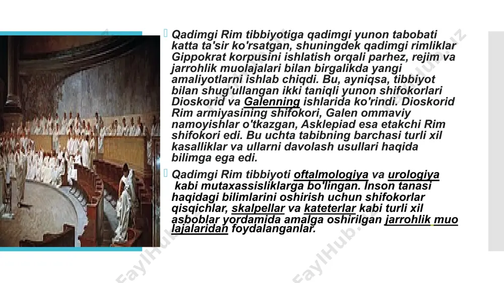 19-yilda yunon shifokori arxagatus kelishidan keyingina chet el tibbiyoti rimda xalq tomonidan qabul qilingan, bu asosan kelajakda rim amaliyotiga umumiy moslashish tufayli bo'lgan. rim jamiyatiga yunon ta'sirining kengroq oqibatlarini chetga surib qo'yadigan bo'lsak, qadimgi yunon tibbiyoti, etnografiyasi va meteorologiyasining ta'siri ayniqsa ikkita sohaga tegishli edi: arxitektura va sog'liqni saqlash. bu rim armiyasi nuqtai nazaridan juda muhim edi, unda ko'plab tibbiy yutuqlar mavjud edi. tibbiyot yo'nalishi tashkil etildi, doimiy vrachlar tayinlandi, valetudinariyalar (harbiy shifoxonalar) tashkil etildi, sezar davrida yaradorlarga tizimli yordam koʻrsatishning ilk izlari paydo boʻldi. rim qoldiqlarida topilgan jarrohlik asboblarining xilma-xilligi va tabiati jarrohlik haqida yaxshi bilimga ega ekanligini ko'rsatadi. rim tibbiyotiga yunon tibbiyot an'analari katta ta'sir ko'rsatdi. yunon tibbiyoti paydo bo'lishidan oldin rim tibbiyoti din va sehrning ta'sirida edi. birinchi rim tabiblari tibbiy ma'lumotga ega bo'lmagan yoki oila boshlig'i bo'lmagan diniy arboblar bo'lgan. birinchi professional shifokorlar yunon shifokorlari edi. bitiniyalik asklepiad miloddan avvalgi 124-yilda rimga kelgan. u bemorlarga mehribonligi …