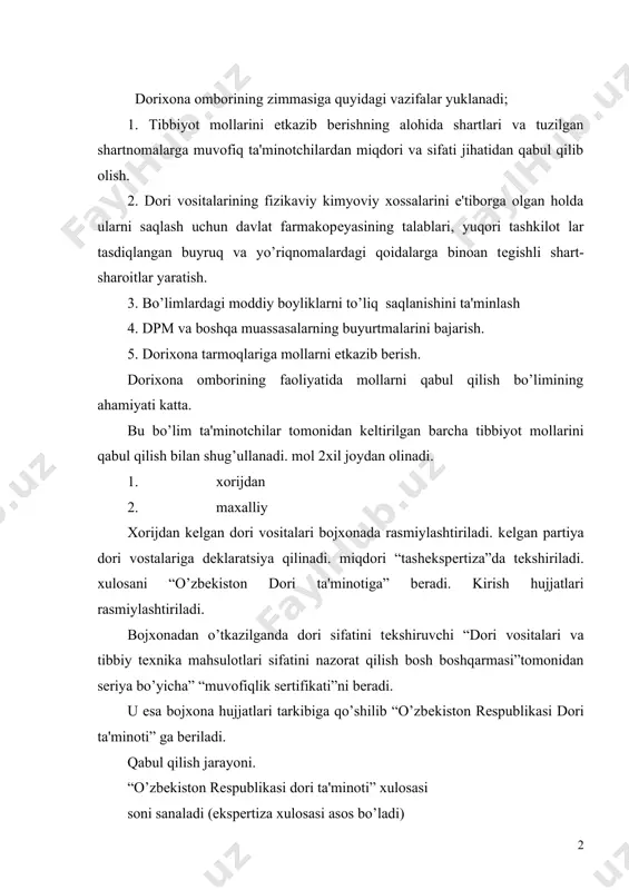 ’limlarga topshiriladi. muxrlangan daftar tutiladi. unda sеrtifikat nomеri, istе'mol muddati, sеrtifikat bеrilgan sana ko’rsatiladi. qabul qilish dalolatnomasi (priyomno`y akt)- qabul qilish xay'atida qabul qilinadi “o’zbеkiston rеspublikasi dori ta'minot” dirеktori buyrug’i bilan a'zolar saylanadi. qabul qilish bo’limida 5ta mutaxassis ishlaydi, 4tasi oliy ma'lumotli, 1ta ta'minotchi ekspеditor. maxalliy ta'minotchilardan olinadigan dori vositalarini o’zlari gohida esa”o’zbеkiston rеspublikasi dori ta'minot” ning o’zi olib kеladi. qabul qilish bo’limidan tashqari “o’zbеkiston rеspublikasi dori ta'minoti”da (omborxonada)quyidagi bo’limlar mavjud; 1. buxgaltеriya bo’limi. 2. ta'minot bo’limi (ekspеditsiya bo’limi). 3. dori saqlash bo’limi a). zaxarli, narkotik vositalari, prеkursorlar b). oddiy dori vositalari v). rеzina va shisha buyumlar. 4. avto garaj 5. asu qabul qilish dalolatnomasida dori vositasining tartib nomеri, nomlanishi, kodi, sеriya-partiyasi, sanasi, yaroqlilik muddati, sеrtifikat sanasi, tahlil natijalari, o’lchov birligi, faktik miqdori, hujjat bo’yicha miqdori, asosiy narxi, omborxona qo’yayotgan narx, kamchiliklari, ortiqchalari, singan va yaroqsizligi ko’rsatiladi. dalolatnomadagi birinchi raqam uning nomеri, ikkinchi raqam bo’lim nomеrini, uchinchi raqam esa sanani …