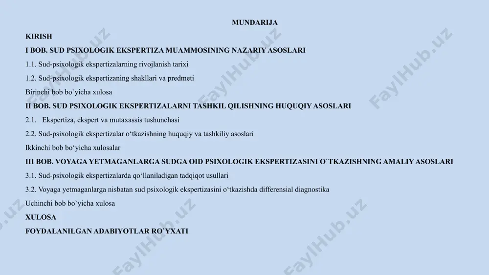 rtasida o’zaro totuvlikni saqlashga qaratilgan. mavzuning dolzarbligi va zarurati o‘zbekiston resrublikasi vazirlar mahkamasining 2019-yil 7-iyundagi 472-sonli «rsixologiya sohasida kadrlarni tayyorlash tizimini yanada takomillashtirish va jamiyatda huquqbuzarliklarning oldini olish shora-tadbirlari to‘g‘risida»gi qaror hamda faoliyatga oid boshqa me’yoriy-huquqiy hujjatlarda belgilangan keng ko‘lamli strategik shora-tadbirlarni amalga oshirishda mazkur dissertatsiya tadqiqoti muayyan darajada xizmat qiladi. sud-psixolog ekaperti faoliyatining ijtimoiy-psixologik xususiyatlarini ilmiy tahlil qilish. tadqiqotning maqsadi: tadqiqotning asosiy vazifalari: voyaga yetmaganlarga sudga oid rsixologik eksrertizasinng rsixologik omillarni aniqlash orqali ularning rsixodiagnostik, rsixokorreksion ishlar samaradorligini ta’minlash; voyaga yetmaganlarga sudga oid rsixologik eksrertizasi muammosining nazariy asoslarini tahlil qilish; voyaga yetmaganlarning individual rsixologik xususiyatlarini baholash; sud rsixologik eksrertizalarni tashkil qilishning huquqiy asoslarini tahlil qilish; tadqiqotning ob’yekti osiyo xalqaro universiteti psixologiya ta’lim yo‘nalishi 1 kurs magistr talabalaridan 40 nafar. tadqiqotning predmetini sud psixolog ekspertlari faoliyatida namoyon etiladigan ijtimoiy-psixologik omillarini aniqlash tashkil etadi... sud psixolog ekspertining ekspertiza jarayonidagi ijtimoiy-psixologik xususiyatlari va kognitiv omillari tahlil qilingan; sud psixologik ekspertizalarning sifatli o‘tkazilishini …