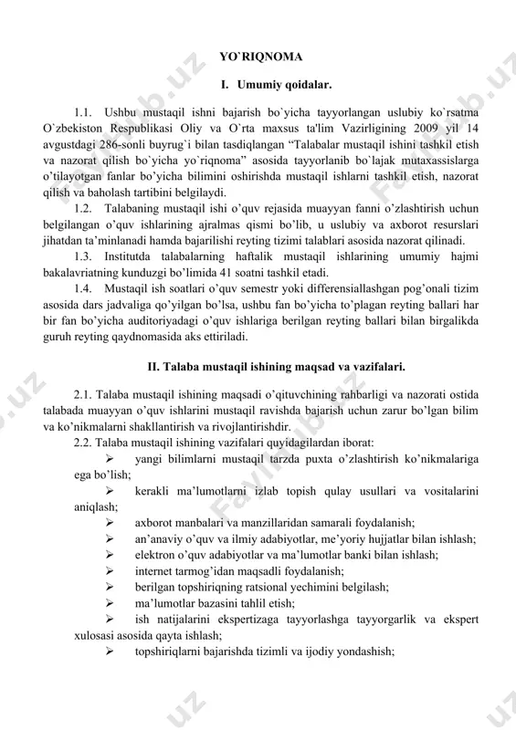 loyiha yoki g’oyani asoslash va mutaxassislar jamoasida himoya qilish. iii. talaba mustaqil ishining tashkiliy shakllari. 3.1. talaba mustaqil ishini tashkil etishda muayyan fan (kurs)ning xususiyatlarini, shuningdek, har bir talabaning akademik o’zlashtirish darajasi va qobiliyatini hisobga olgan holda quyidagi shakllardan foydalaniladi: · ayrim nazariy mavzularni o’quv adabiyotlari yordamida mustaqil o’zlashtirish; · berilgan mavzu bo’yicha axborot (referat) tayyorlash; · seminar va amaliy mashg’ulotlarga tayyorgarlik ko’rish; · laboratoriya ishlarini bajarishga tayyorgarlik ko’rish; · hisobot-grafik ishlarini bajrish; · kurs ishi (loyihasi)ni bajarish; · malakaviy bitiruv ishi va magistrlik dissertasiyasini tayyorlash; · nazariy bilimlarni amaliyotda qo’llash; · amaliyotdagi mavjud muammolarning yechimini topish (keysstadi); · maket, model, badiiy asar, musiqa namunalari yaratish; · ilmiy maqola, anjumanga ma’ruza tezislarini tayyorlash. o’qitilayotgan fanning xususiyatlaridan kelib chiqqan holda, talaba mustaqil ishini tashkil etishda boshqa shakllardan ham foydalanish mumkin. 3.2. o’quv fanlar bo’yicha namunaviy va ishchi dasturlarda talaba mustaqil ishining shakli, mazmuni va hajmi ifoda etiladi. 3.3. talaba mustaqil ishi …