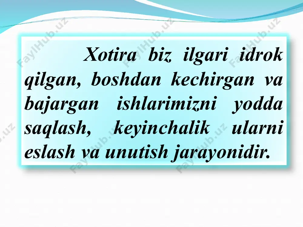 otor harakat xotirasi; b) obrazli xotira; v) his-tuygʻu yoki hissiyot xotirasi; g) soʻz-mantiq xotira. 2. ruhiy faoliyatning maqsadiga binoan: a) ixtiyorsiz; b) ixtiyoriy; v) mexanik. 3. ruhiy faoliyatning davomiyligiga koʻra: a) qisqa muddatli xotira; b) uzoq muddatli xotira; v) operativ (tezkor) xotira. 4. ruhiy faoliyat qoʻzgʻatuvchisining sifatiga koʻra: a) musiqiy; b) eshitish xotirasi; 5. ruhiy faoliyatning inson yoʻnalishiga qarab: a) fenomenal; b) kasbiy. harakat xotirasi – inson faoliyatining har bir turida ruhiy faollikning u yoki bu koʻrinishlarini ustunlik qilishida kuzatiladi. his-tuygʻu yoki hissiyot xotirasi –bu xotira his-tuygʻular, ruhiy kechinmalar, hissiyotlar, ehtiyojlarimiz va qiziqishlarimiz qanday qondirilayotganligidan, atrofimizdagi narsa va hodisalarning xususiyatiga nisbatan munosabatimiz qay tarzda amalga oshirilayotganligidan doimo xabar berib turish imkoniyatiga ega. obrazli xotira – yaqqol mazmunni, binobarin, narsa, hodisa-larning aniq obrazlarini, ularning xususiyatlari va bogʻlanishlarini esda qoldirish, ongda mustahkamlash hamda zaruriyat tugʻilganida esga tushirishdan iborat xotira turiga aytiladi. * soʻz-mantiq xotirasi mazmunini fikr va mulohazalar, aniq hukm hamda xulosa …