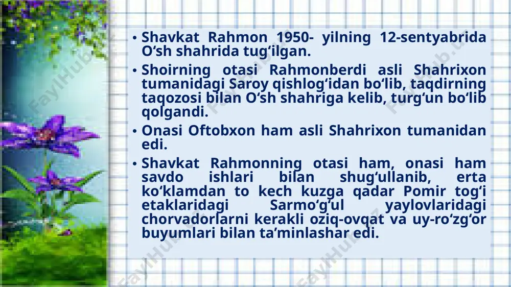 li lahzalar» (1978) nomi bilan bosiladi. shundan keyin shoirning: «yurak qirralari» (1981); «ochiq kunlar» (1983); «gullayotgan tosh» (1984); «uyg‘oq tog’lar» (1986); «hulvo» (1988) kabi bir qator she’riy to‘plamlari bosilib chiqdi. izlanuvchan tarjimon dunyo she’riyatidagi yangi va ilg‘or tajribalarni o‘zbek poeziyasiga kiritish yo‘lida izlangan sh. rahmon 1979- yilda atoqli ispan shoiri federiko garsia lorka she’rlaridan iborat kitobni rus tilidan o‘zbekchaga ag‘darib, “saylanma” nomi bilan chop ettirdi. otashnafas ispan shoiri she’riyatiga oshiq bo‘lib qolgan shavkat rahmon mustaqil ravishda ispan tilini o‘rganib, 1986- yilda ispaniyada ijodiy safarda bo‘ladi. u lorka she’rlarini bevosita ispanchadan o‘zbekchaga o‘giradi. 1989- yilda lorkaning “eng qayg‘uli shodlik” she’riy kitobi shu tariqa o‘zbek tilida nashr etiladi. 1996- yilda shoirga “o‘zbekistonda xizmat ko‘rsatgan madaniyat xodimi” unvoni berildi. “shoirlik – jasorat so‘zining tarjimasi” shoir shavkat rahmon nafaqat o‘z she’rlari, balki tarjimalariga ham g‘oyat ulkan mas’uliyat bilan yondashar, har qanday badiiy ijodning quruq gap yoki chiroyli zamzama emas, balki chinakam jasorat bo‘lishiga intilardi. …