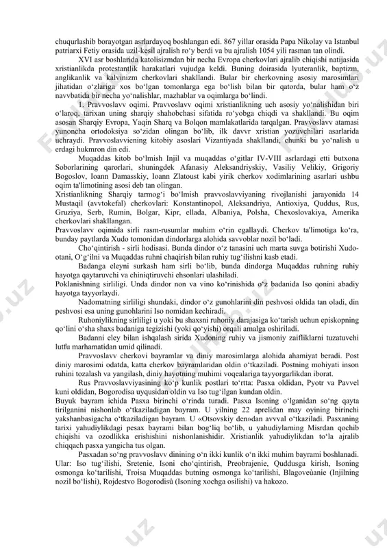 xiriga borish, isoning qaytishi haqida va boshqa aqidalarni o‘z ichiga oladi. xristian jamoasining shakllanishi, uning aqidalarini tartibga solinishi, cherkov munosabatlarining ishlab chiqilishi, diniy tabaqalar tuzumining vujudga kelishi eramizning iv asr boshlarida 324 yili xristianlik rim imperiyasida davvlat dini deb e'lon qilinganidan so‘ng amalga oshdi. 325 yili tarixda birinchi marta rim imperatori lisiniya imperiya hududidagi xristian jamoalarini o‘zaro kelishtirish va tartibga solish maqsadida nikey shahrida i butun olam xristian soborini chaqirdi. 381 yili konstantinopolda ii butun olam xristian sobori bo‘lib o‘tdi. bu soborlarda xristianlik ta'limotining asoslari qabul qilindi va bu asoslar 12 qismda ifodalandi. birinchi qismda olamni yaratgan xudo haqida so‘z yuritiladi. ikkinchi qismda xudoning o‘g‘li isus xristosga imon keltirish haqida so‘z boradi. uchinchi qismda ilohiy mujassamlashuv haqida so‘z yuritilib, unga ko‘ra, iso xudo bo‘la turib, bokira bibi maryamdan tug‘ilgan va inson qiyofasiga kirgan. to‘rtinchi qismda isoning azob-uqubatlari va o‘limi haqida so‘z ketadi. bu gunohlarning kechirilishi haqidagi aqidadir. bunda isoning tortgan …
