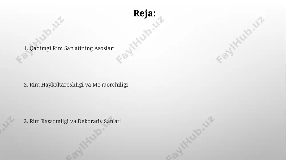lublari, masalan, dorik, ion va korinf ustunlari, rim imperiyasining turli davrlarida 3 asosiy shaklda namoyon bo'lgan. amfiteatrlar va sirklar amfiteatr va sirklarning qurilishi murakkab muhandislik ishlarini talab qilar edi va ularning o‘lchamlari, sig‘imi va dizayni rim imperiyasining qudratini namoyish etardi. rim sirklari, poyga musobaqalari uchun mo‘ljallangan bo‘lib, uzun va tor shaklda qurilgan va uzunligi 400 metrdan ortiq bo‘lgan. freskalar freskalar, turli xil uslublar, masalan, "inci", "gipsli" va "dekorativ" uslublari bilan ajralib turadi, har biri o'ziga xos estetik jihatlari va texnik xususiyatlariga ega. rimlik rassomlar freskalarda 20 dan ortiq ranglardan foydalanishgan, bu esa ularning boy pigment texnologiyalariga ega bo‘lganligini ko‘rsatadi. uy-joy arxitekturasi pompeidagi qazilmalardan topilgan freskalar rim uy-joylarida devor bezaklarida tabiat manzaralari, mifologik sahnalar va geometrik naqshlarning ustunligini, ularning taxminan 50% ning o'simlik motivlaridan iboratligini ko'rsatadi. rim villalarida mozaika san’atining keng qo‘llanilishi, taxminan 100 dan ortiq rangdagi mayda toshlardan murakkab geometrik yoki manzarali kompozitsiyalar yaratilganligini ko‘rsatadi. forumlar forumlarda bozorlar, sudlar va …