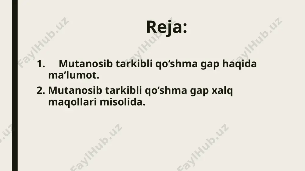 o‘lsa, onadan tug‘ilmasin ekan. xalq maqollarida mutanosib tarkibli qo‘shma gaplar, aslida, turli xil ma'nolarni ifodalaydigan qismlardan iborat bo‘ladi. bu maqollar ko‘pincha hayotiy tajribani, hikmatlarni yoki axloqiy qadriyatlarni aks ettiradi. mana ba'zi misollar: 1.tuya qarisa, bo‘tasiga ergashar. 2. gado non topsa, to‘rva topmas. 3.er qayerda bo‘lsa, sher panjasi o‘sha yerda. 4.”kim qidirsa, topadi.” 5. it qarisa, tozi bo‘lar, qiz qarisa, qozi bo‘lar. 6.mard yiqilsa, maydonda qolar. 7.qizing kimni suysa, kuyoving shu. 8.arslon qarisa, quyrug‘ini o‘ynab. 9.muhabbat ketsa, nafrat kelar foydalanilgan adabiyotlar 1.sayfullayeva r. hozirgi o‘zbek tilida qo‘shma gaplarning formal-funksional talqini: monografiya.-t.:, 1994. 2.sayfullayeva r.r va boshqalar. hozirgi o‘zbek tili:-buxoro: ooo,, sadriddin salim buxoriy’’ durdona nashriyoti, 2021.-464 b. e’tiboringiz uchun rahmat. sizga sog‘lik va salomatlik tilab qolaman. /docprops/thumbnail.jpeg