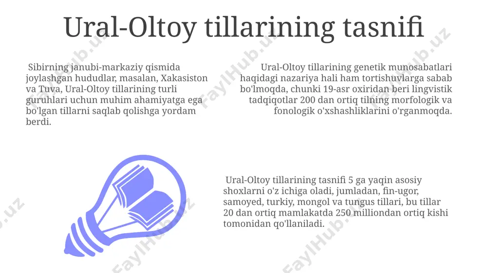 ngvistik usullarni qo'llash orqali yangi ma'lumotlarni oshkor qildi. fonetika va fonologiya ural-altay tillarida uzun va qisqa unlilarning farqlanishi, masalan, turkiy tillardagi /a/ va /aː/ farqi kabi, fonologik ahamiyat kasb etadi va fin-ugor tillarida ham shunga o'xshash hodisalar uchraydi. monoglotlar orasida o‘tkazilgan tadqiqotlar shuni ko‘rsatdiki, ural-altay tillari vakillarining 20% ga yaqini fonotaktik qoidalarni osongina o‘zlashtira oladi. ural-altay tillarining fonetik tizimida 30 dan ortiq fonema, jumladan, sibir mintaqasiga xos bo‘lgan 5 ta jarangsiz undosh tovushlar mavjudligi kuzatiladi. e'tiboringiz uchun rahmat @taqdimot_robot image1.jpeg image2.jpeg image3.jpeg