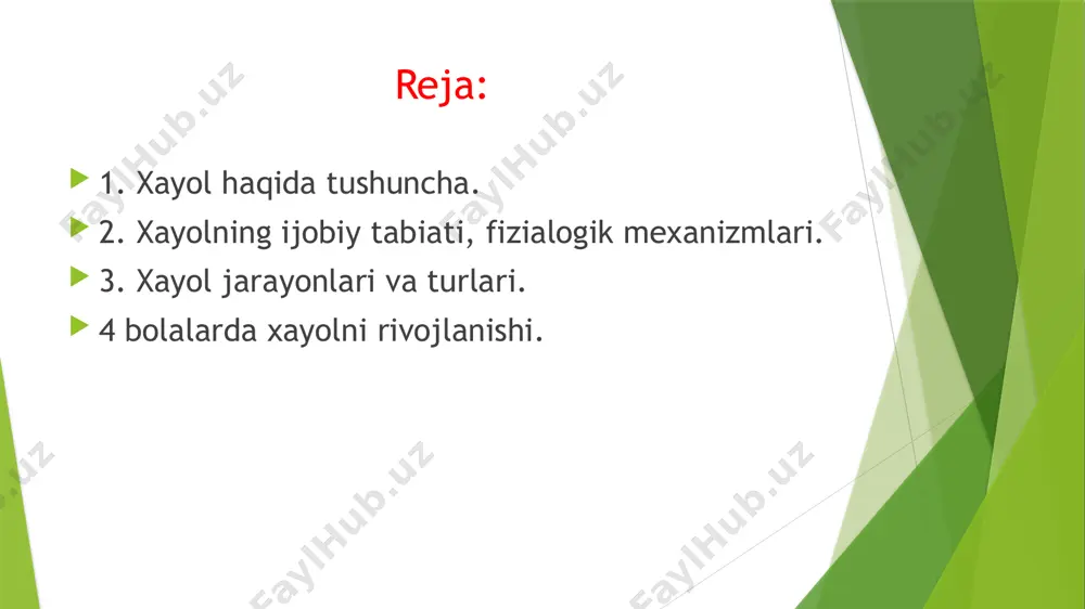 xtiyoriy. 3.shirin hayol. 3.qayta tiklovchi 4.tush ko'rish. 4.ljodiy. 5.gallyutsinatsiya. 5.orzu xayolning fiologik asosi nerv bogʻlanishlarini qoʻllab-quvvatlash, manba emirilishi, qayta ishlashga qoʻshilib, yangi tizimlarga, oʻz-oʻzidan ishlab chiqarishga qoʻshilib, yangi tizimlarga, oʻzgarishga qoʻshilib, yangi tizimlarga, oʻz-oʻzidan yangi tajribaga ega boʻlgan hosil boʻlishidan iborat. bunda mavjud bo'lgan vaqtinchalik aloqalarning oddiy holda joylashtirilishi bir - biri bilan yangilikning yaratilishiga olib bormaydi. yangilikning yaratilishi avval uyg'unlashmaganlik vaqtinchalik nerv aloqalaridan hosil bo'lgan uyg'unlikni taqazo etadi. xayol jarayoni ikkila xabarlovchi tizimlarning ishlashdagi faoliyatidan iborat. bunda xabar tizimi - soʻz katta joyga ega boʻldi. barcha koʻrgazmali obrazlar u bilan uzluksiz ravshan bogʻlangandir. so'z xayollarning obrazlarining hosil bo'lish manbai bo'lib xizmat qiladi, tarkib topish yo'lini nazorat qiladi, ulardan saqlansin, saqlang, o' vosita vositalari qiladi. xayol doimo voqelikdan chetga chiqishdir, lekin yordam vaziyatda xayol manbai voqelik qiladi. faol xayol doimiy ijodiy va shaxsiy misoli hal qilish, aniq amaliy ishlarni bajarish bilan bogʻliq. faol xayol kelajakka qarab boʻlib, vaqtdan maʼlum darajaga …