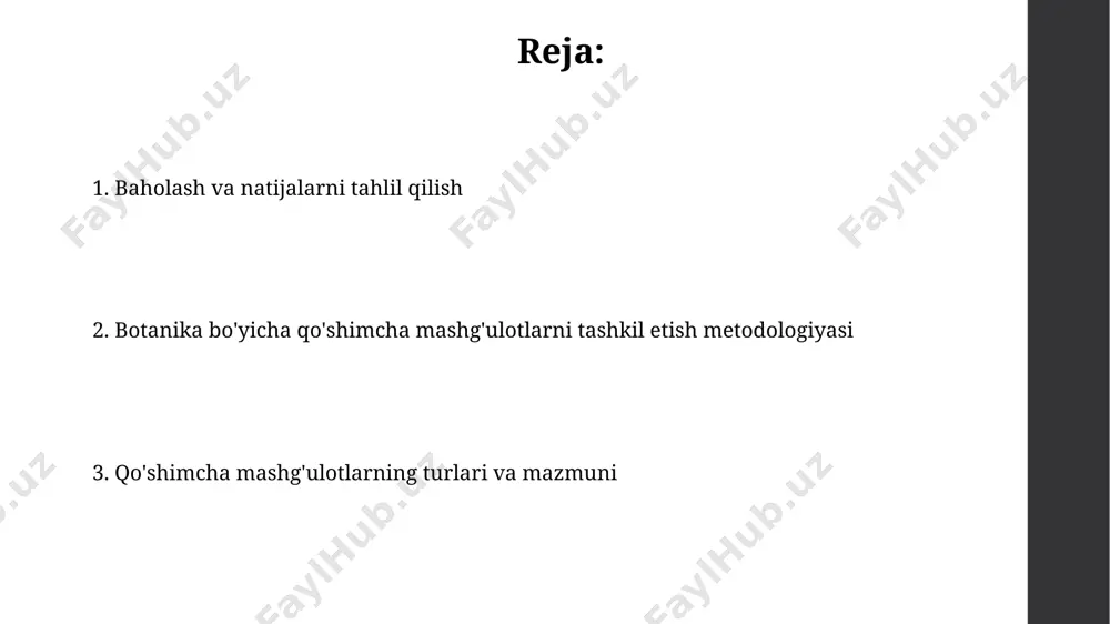 kunda davom etadigan qilib belgilash va har bir ekspeditsiyaga 10-15 nafar talaba jalb qilish maqsadga muvofiqdir. ekspeditsiya va tabiatga chiqishlar natijalarini tahlil qilish uchun, kamida 100 ta o'simlik namunalarini to'plash va ularni herbariyga joylashtirish, keyinchalik ilmiy hisobot tayyorlash lozim. dars rejalari va mashg'ulotlarning mazmuni o'quvchilarning yosh xususiyatlarini hisobga olgan holda, 10-15 ta amaliy mashg'ulotlar, 5 ta nazariy ma'ruza va 3 ta ekskursiya o'tkazish rejalashtirilgan. ekskursiyalar davomida kamida 20 turdagi o'simliklarni kuzatish, ularning morfologik xususiyatlari va yashash muhitini tahlil qilish, fotosuratlar va herbariy namunalarini to'plash rejalashtirilgan. qo'shimcha mashg'ulotlarni o'tkazish uchun zarur shart-sharoitlar qo'shimcha mashg'ulotlarni o'tkazish uchun kamida 2 ta ixtisoslashgan o'quv xonasi, mikroskoplar, herbariylar va 50 dan ortiq turdagi o'simlik namunalari kerak. botanika qo'shimcha mashg'ulotlarini samarali o'tkazish uchun 10-15 nafar o'quvchi uchun mo'ljallangan qulay va yorug'likka boy xonalar, shuningdek, zarur botanika adabiyotlari majmuasi ta'minlanishi lozim. qiziqarli va interaktiv o'quv usullarini qo'llash o'simliklarning turli qismlarini (gul, barg, ildiz) mikroskop ostida kuzatish va …
