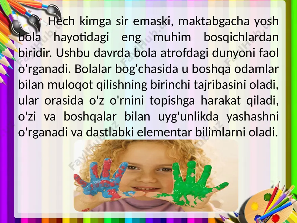 lan chizish quruq barglar bolalarga katta quvonch keltiradi. agar siz ular bilan biron bir harakat qilmasangiz ham, shunchaki ularni kaftingizda ushlab tursangiz ham, sezgi taassurotlari kuchli hissiy munosabat uyg'otadi. ho'l qog`oz ustida chizish ushbu uslub stressni engillashtirish, hissiy holatni uyg'unlashtirishga yordam beradi va giperaktiv bolalar bilan ishlashda ham qo'llaniladi. klyaksografiya klyaksografiya-bu dog'lar bilan chizish. ushbu texnikaning mohiyati shundan iboratki, qog`ozdagi ba'zi bir tasvirni ko'rish va uni tafsilotlar bilan to'ldirishdir. sovun pufakchalari bilan chizish bolalarga tajovuzni bartaraf etish uchun naycha orqali pufakchalarni puflash taklif etiladi. monotipiya qog'ozning bir tomoniga rasm chizib, keyin u buklanadi. agressiyani kamaytirish uchun ishlatiladi. art terapiya usuli bo'yicha ish natijasi 1. samarali hissiy reaktsiyani ta'minlaydi, ijtimoiy jihatdan maqbul shakllar beradi. 2. yopiq, uyatchang bolalar bilan muloqot qilish jarayonini osonlashtiradi. 3. og'zaki bo'lmagan kontaktni beradi, kommunikativ to'siqlarni va psixologik himoya vositalarini engishga yordam beradi. 4. o'zi-o'zini boshqarish qobiliyatini rivojlantirish uchun qulay sharoit yaratadi. 5. shaxsiy qiymatni sezilarli darajada …
