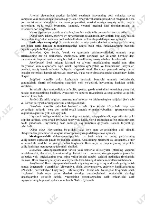 i ichki bosimi oshadi, bosh miya yarim sharlarining funksiyalari buziladi, qon tomir va nafas markazlarining falajlanishi oqibatida o‘lim kuzatilishi mumkin. belgilari. kasallik boshida umumiy holsizlanish, uncha kuchli bo‘lmagan qo‘zg‘alishlar, terlash, nafasning tezlashishi, muskullar tonusining pasayishi, gandiraklash, ba’zan tana haroratining ko‘tarilishi qayd etiladi. tashqi shilliq pardalarning ko‘karishi, pulsning tezlashishi, to‘lishmaganligi va kichik to‘lqinli bo‘lishi, yurak tonlarining kuchayishi va bo‘g‘iqlashishi, shuningdek, tezlashgan va aritmik nafas harakatlari bilan namoyon bo‘ladigan yurak qon-tomir va nafas tizimlari etishmovchiligi belgilari kuzatiladi. o‘z vaqtida va samarali davolash tadbirlari olib borilmagan paytlarda va quyosh nurlarining davomli ta’siridan komatoz holat (tashqi ta’sirotlarga butunlay befarqlik, reflekslarning yo‘qolishi, ixtiyorsiz tezaklash va siydik ajratish, yuzaki nafas, pulsning kuchsiz bo‘lishi ro‘y beradi. yurak, nafas va asab markazlarining falajlanishi oqibatida hayvonning o‘limi kuzatilishi mumkin. tashhisi.anamnez ma’lumotlari (hayvonni quyosh nuri ta’siri ostida saqlash va kasallik belgilari e’tiborga olinadi. davolash. kasal hayvon soya-salqin joyga o‘tkazilib etarli miqdordagi sovuq suv bilan ta’minlanadi va vaqti-vaqti bilan uning boshiga …