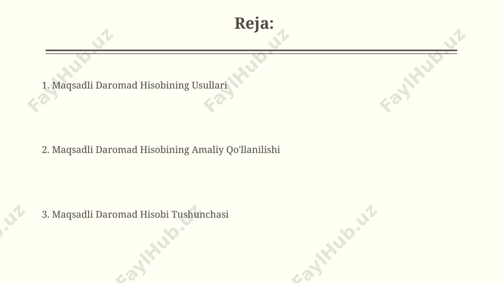 a boshqa hisob usullarining taqqoslashi maqsadli daromad hisobi, xarajatlarni 3 ta asosiy toifaga ajratish orqali, operatsion samaradorlikni 15% ga oshirishga yordam beradi. maqsadli daromad hisobi, 100 ta mahsulot turi boʻyicha aniqroq foyda hisobini taʼminlaydi, anʼanaviy hisobot usullariga nisbatan 20% ga yuqori aniqlik bilan. maqsadli daromad hisobini qo'llash usullari kichik va o'rta biznes sub'ektlarida maqsadli daromad hisobi hisobot berish muddatlarini 2 barobar qisqartirishi va ish samaradorligini 10% ga oshirishi mumkin. maqsadli daromad hisobini qo'llashda 30% dan ortiq mablag'larni loyiha xarajatlariga yo'naltirish samaradorligini oshiradi va 15% gacha bo'lgan xatolikni kamaytiradi. turli sohalarda maqsadli daromad hisobining qo'llanilishi qurilish sohasida, 20% dan ortiq loyihalarni bir vaqtda boshqarishda, maqsadli daromad hisobi xarajatlarni nazorat qilish va rentabellikni 10 foizgacha oshirish imkonini beradi. savdo sohasida, 1000 dan ortiq mahsulot turi bilan ishlashda, maqsadli daromad hisobi har bir mahsulotning rentabelligini tahlil qilish va marketing strategiyasini optimallashtirish uchun muhim ahamiyatga ega. e'tiboringiz uchun rahmat @taqdimot_robot image2.jpg image3.jpg image4.jpg image5.jpg …
