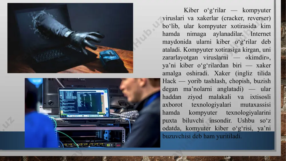 ol uchun, carbanak kiber jinoyatchilik guruhi hamda uning swift nomli xakerlari bank va bir qator moliya institutlaridan har yili 1 million aqsh dollaridan ziyod mablag’ni o’g’irlaydi. bu jinoyatlar ortidan katta mablag’ kelgani hamda uni fosh etish qiyin bo’lgani sababli ham bugun xakerlik jinoyatlari, axborot xurujlari soni ortib bormoqda. kompyuter tizimlariga kirishga ruxsat beruvchi parollarni har 6 oyda bir marta yangilash zarurligini jahoning aksariyat kompaniyalari odatga aylantirgan. aksariyat xakerlar umumiy parollar bilan hujum uyushtiradi. shuni alohida ta`kidlash joizki, xodim – xavfsizlikning eng nozik nuqtasi. fishing-hujumlar foydalanuvchining elektron pochtasi, ijtimoiy tarmoqdagi sahifalari orqali axborotlarni o’g’irlashga harakat qiladi. xaker login va maxfiy so’zlarni aniqlashga urinib, xodimlarga soxta, asliga aynan o’xshash saytlarning manzilini yuboradi. bu kiber jinoyatchilikning oldini olish uchun esa xodim malaka va bilimga muhtoj. maxfiy ma`lumotlarning xakerlar qo’liga tushish holati ko’proq sobiq xodimlar bilan bog’lanadi. shuningdek, zaif veb-saytlar, ayniqsa, on-layn to’lov hamda tizimlar o’rnatilgan saytlarda kuchli himoyalash choralarini ko’rish zarur. muhim axborot …